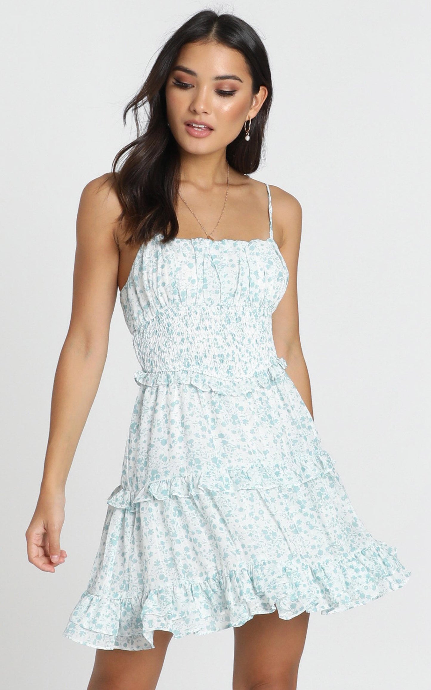 Felicia Shirred Waist Mini Dress In Sage Floral