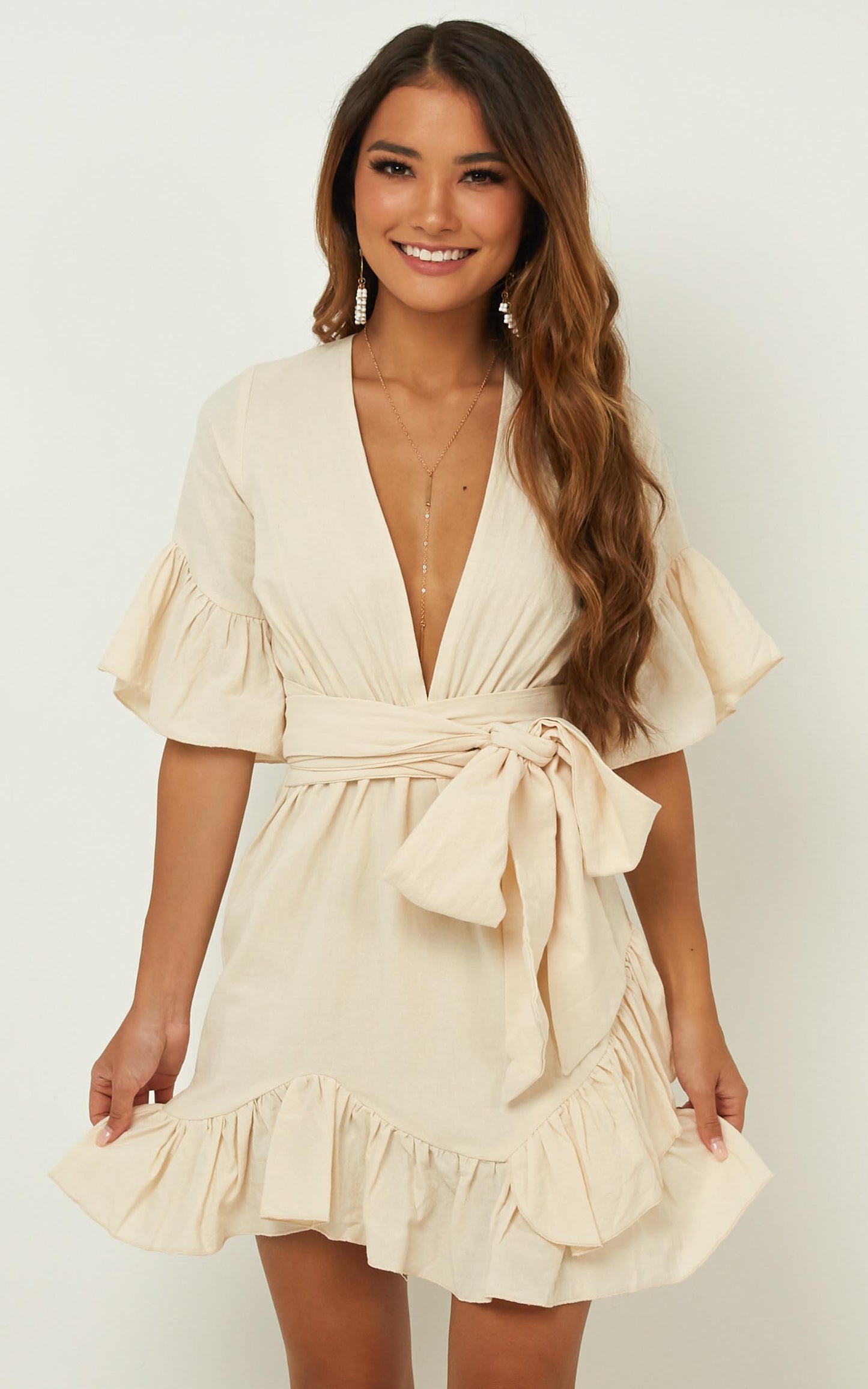 Free Mind Dress In Beige Linen Look