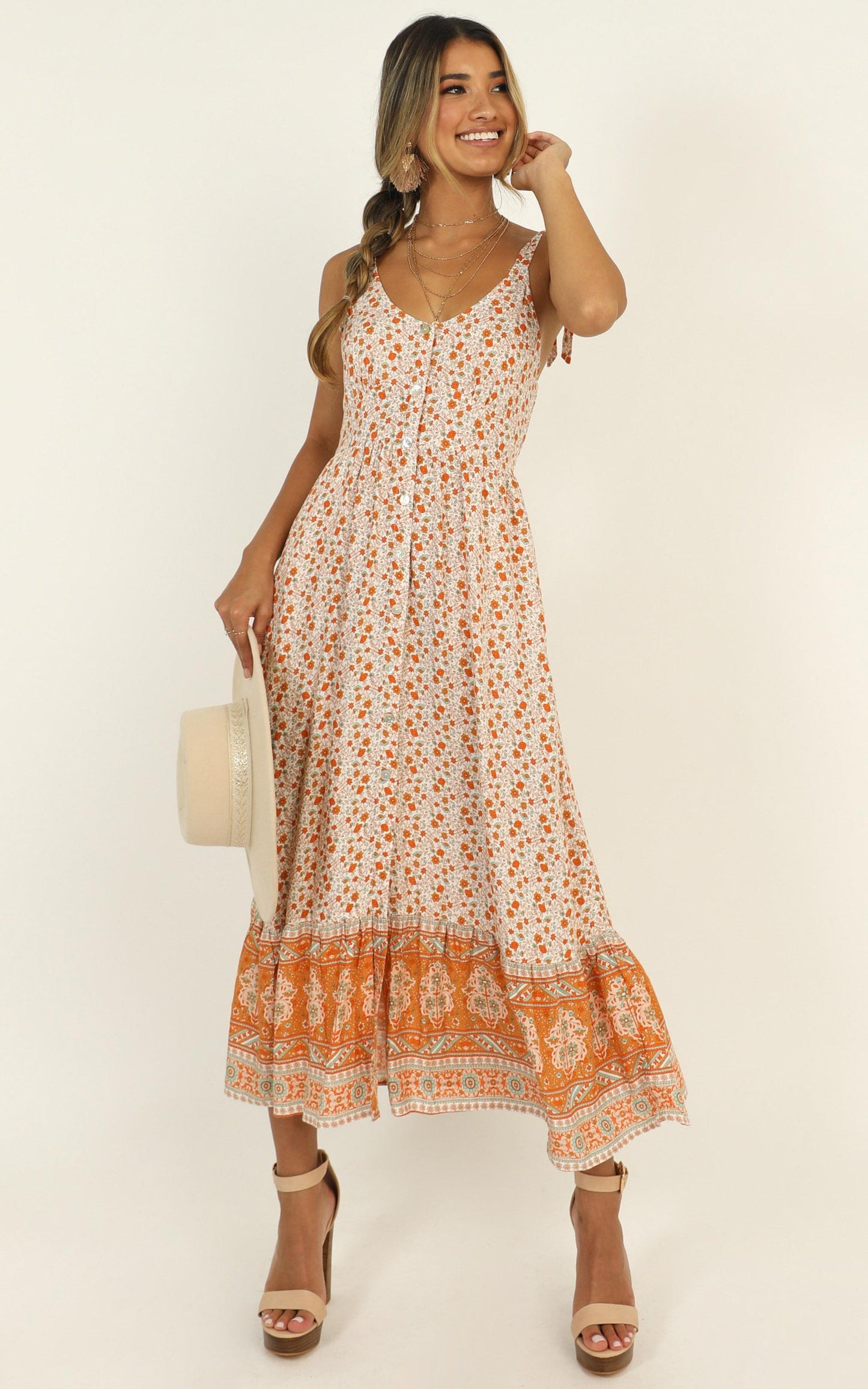 Golden Summer Midi Dress in Orange Floral