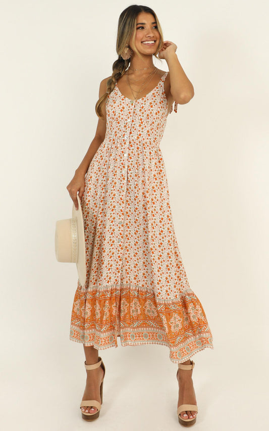 Golden Summer Midi Dress in Orange Floral