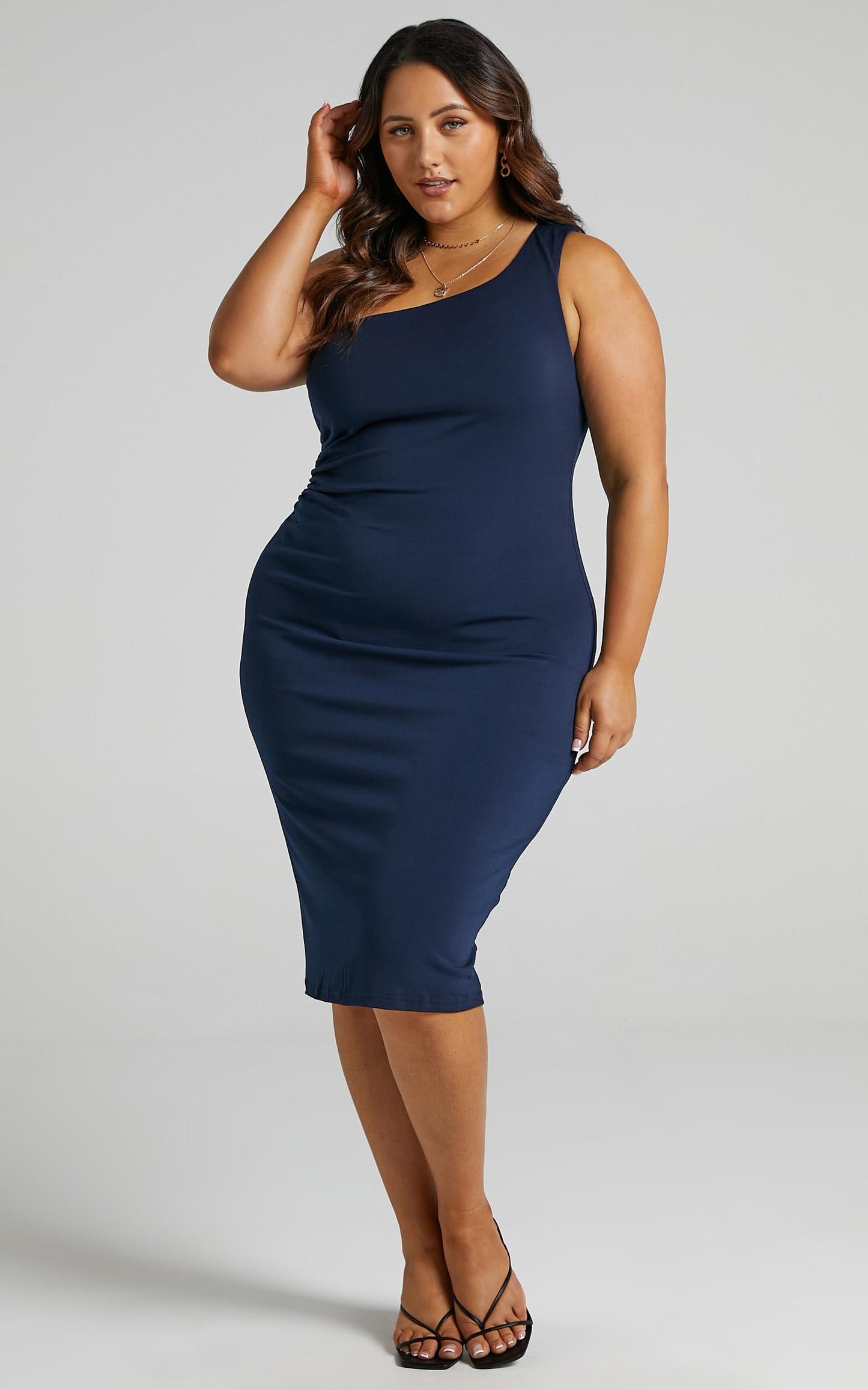 Got Me Looking Midi Dress - One Shoulder Bodycon Dress in Navy