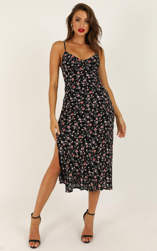 Sheridan Midi Dress in Black Floral