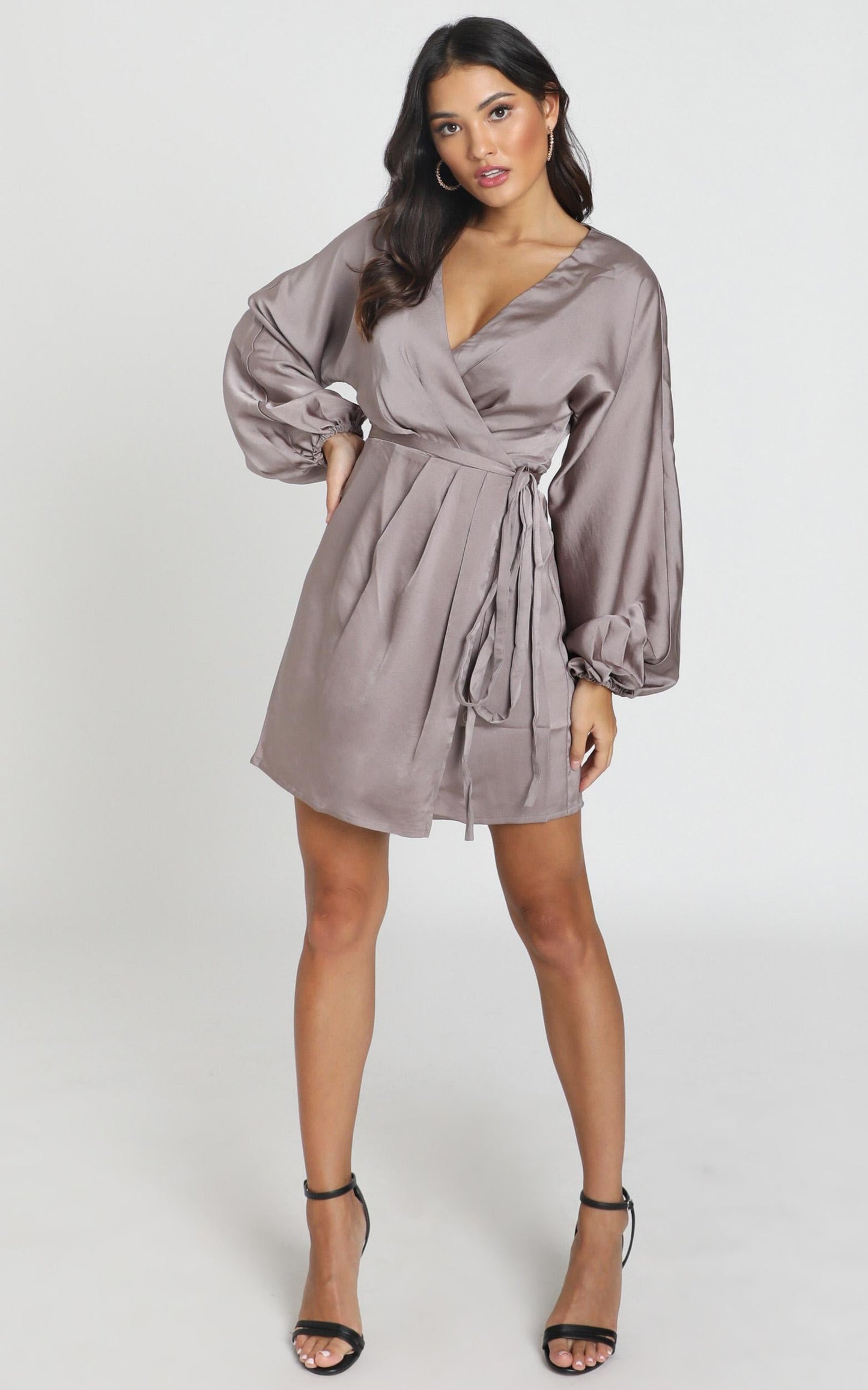 Kassandra Long Sleeve Mini Dress in taupe satin