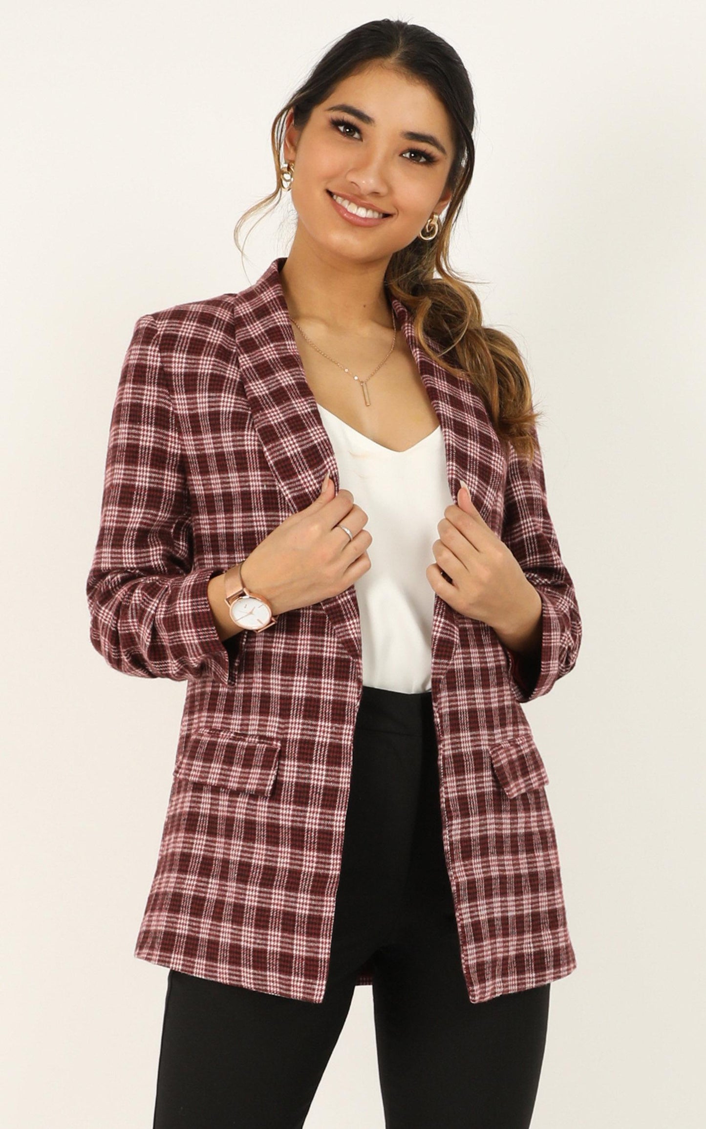 Late To Work Blazer In Wine Check