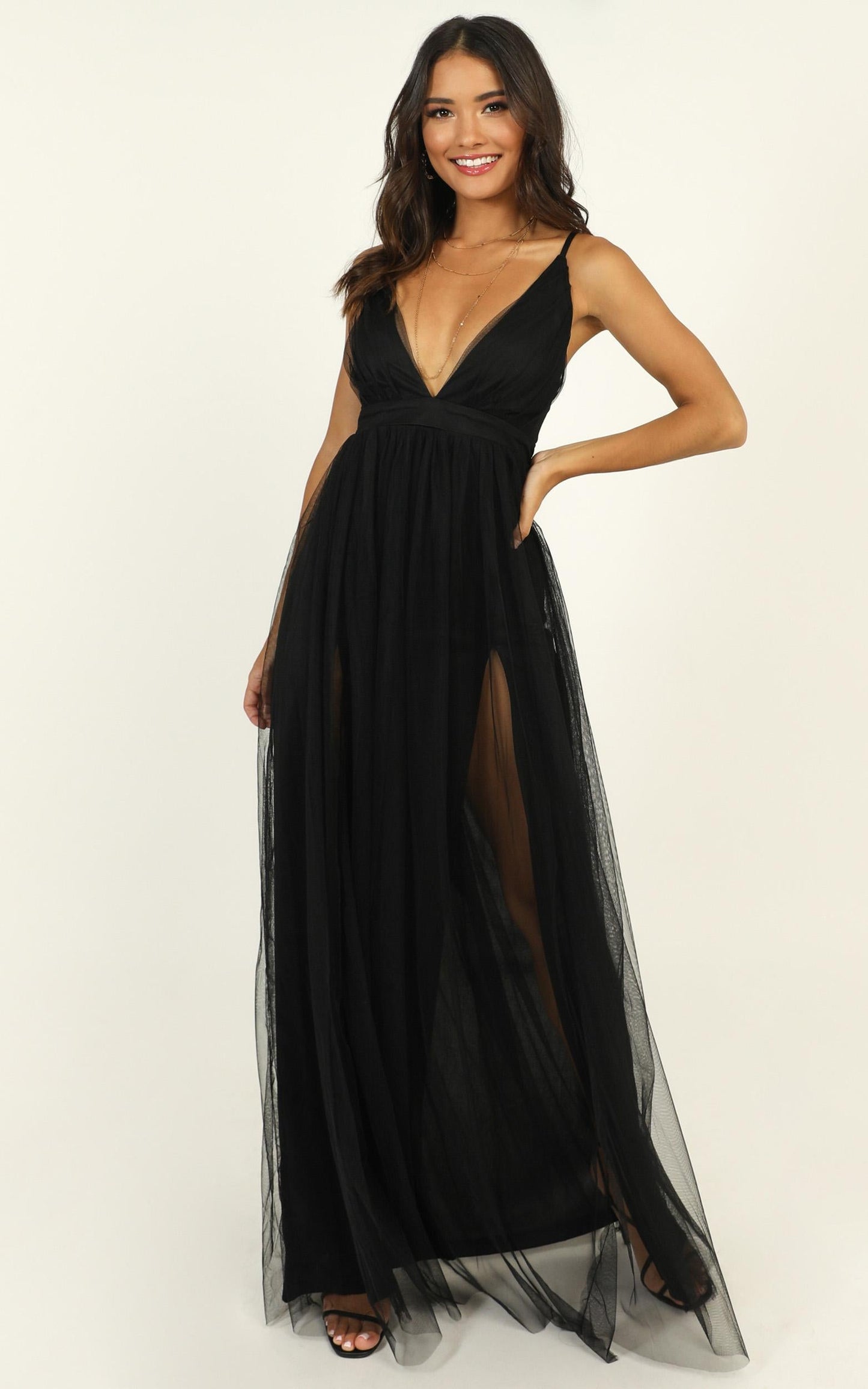 Like A Vision Plunge Maxi Dress in Black Tulle