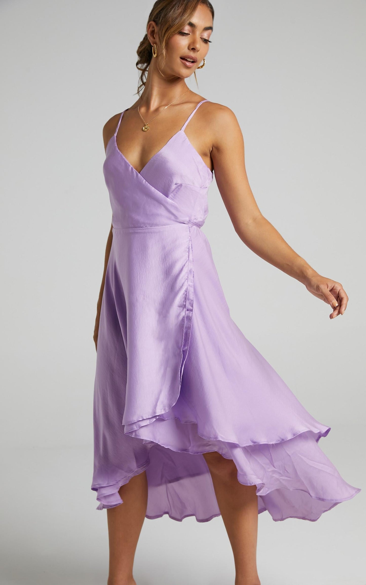 Between Fantasy Midi Dress in Lilac Satin