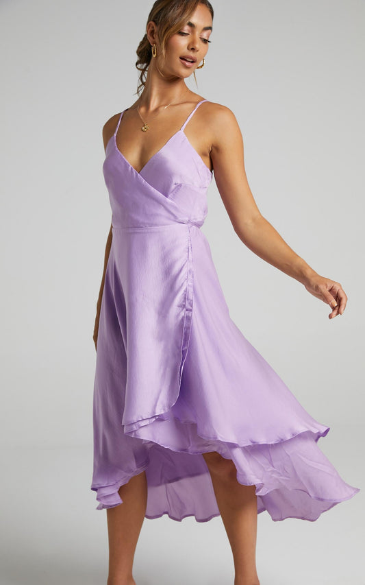 Between Fantasy Midi Dress in Lilac Satin