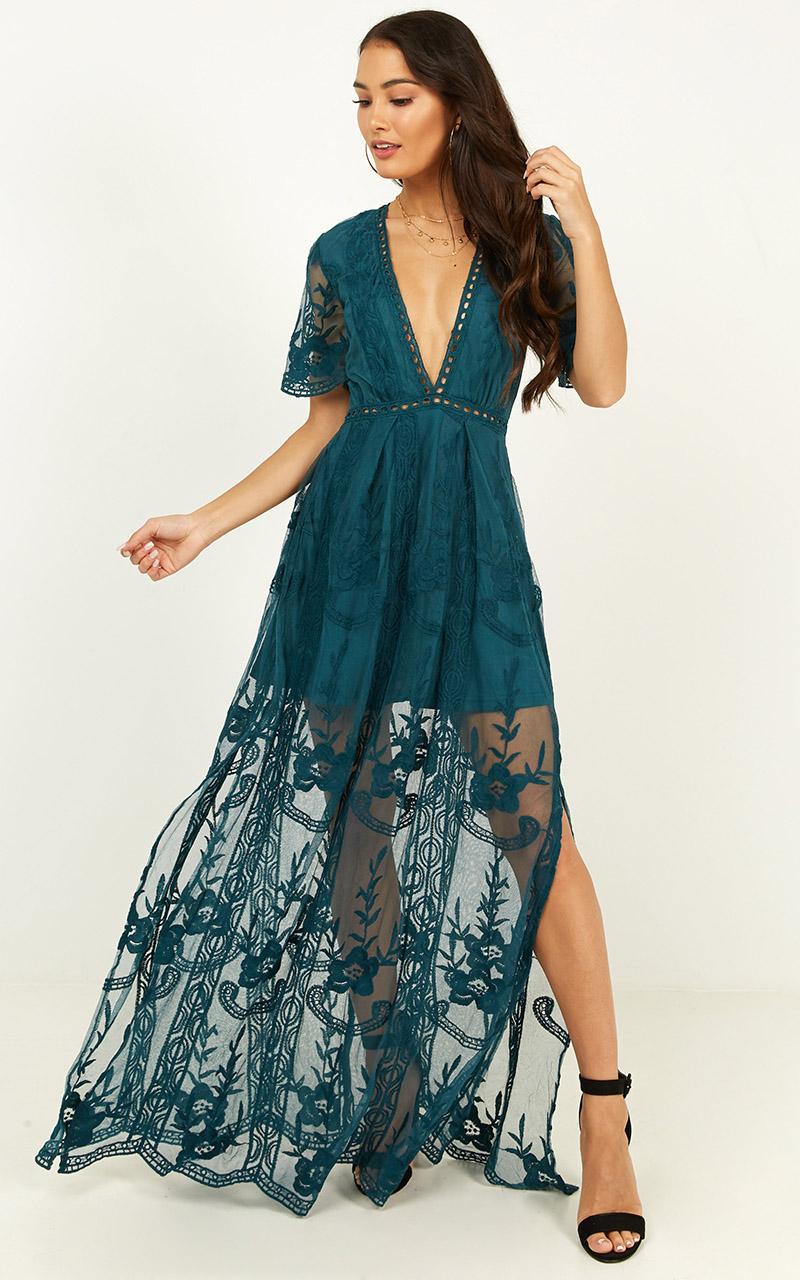 Love Spell Maxi Dress In Emerald Lace