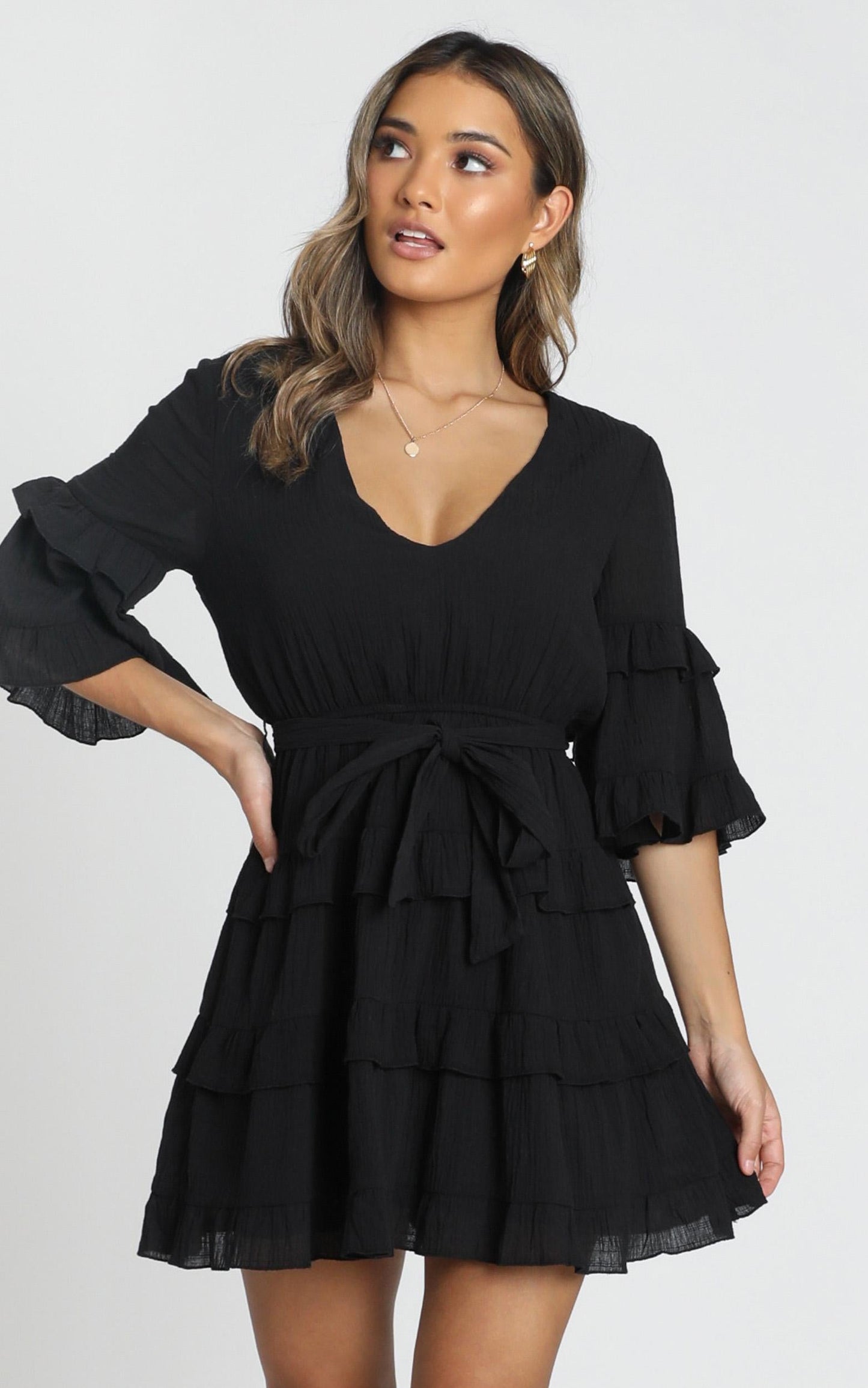 Meet Me In The Sun Mini Dress - Tie Waist Tiered Dress in Black