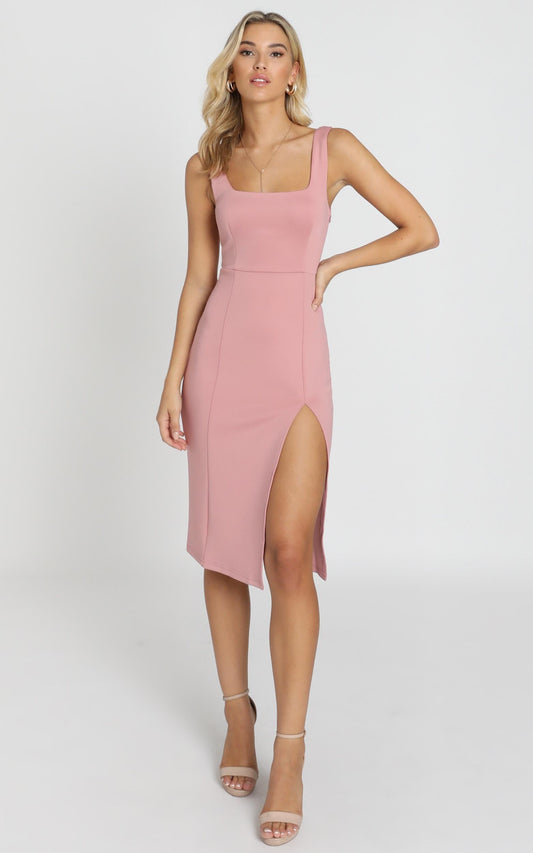 Mini Love Square Neck Split Midi Dress in Rose