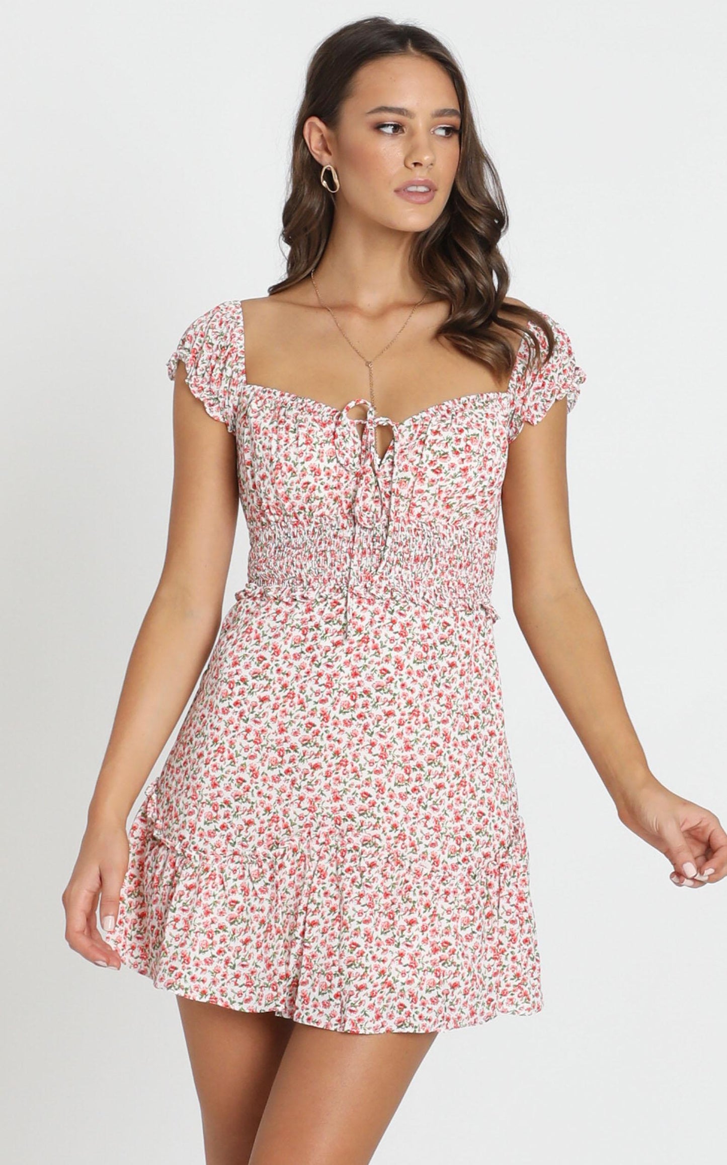 Nikkie Shirred Waist Mini Dress in Red Floral