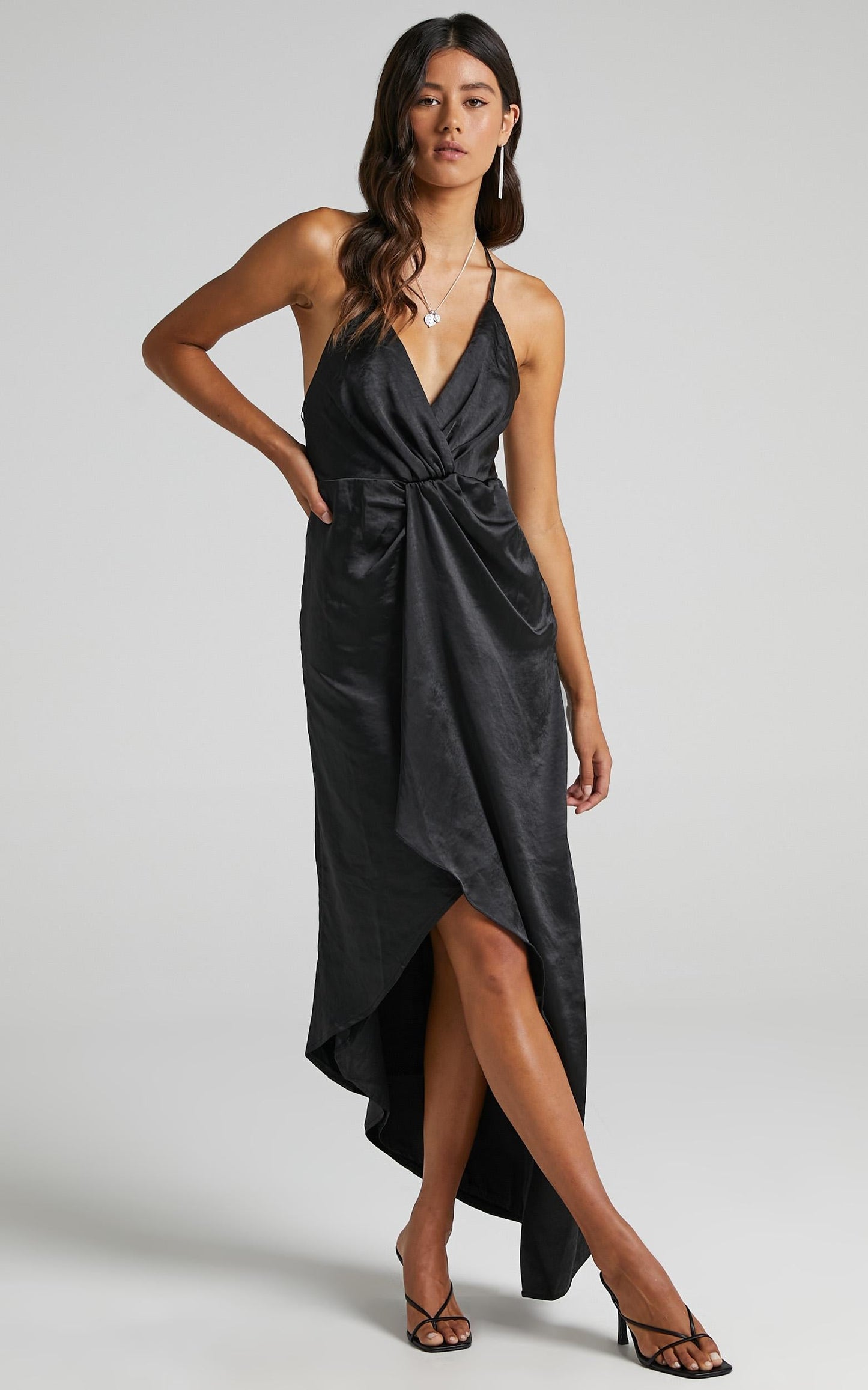 Jayne Twist Front Maxi dress in Black Satin