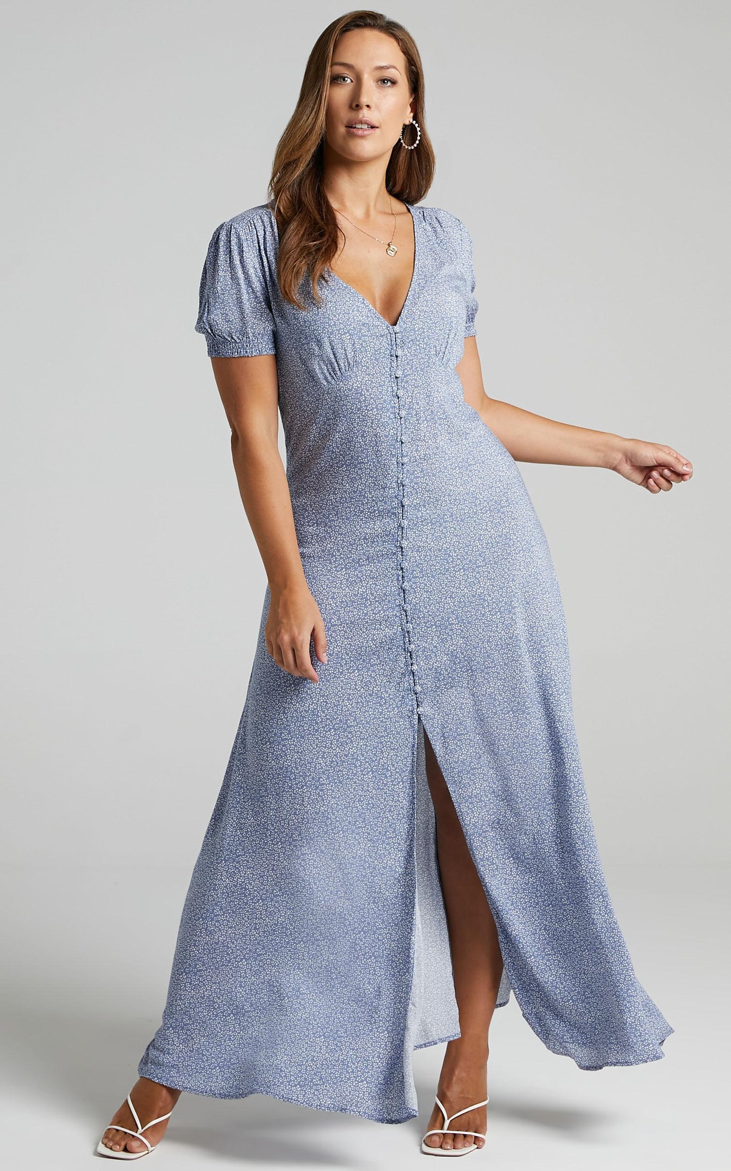Flaming Hot Button Up V Neck Maxi Dress in Blue Floral