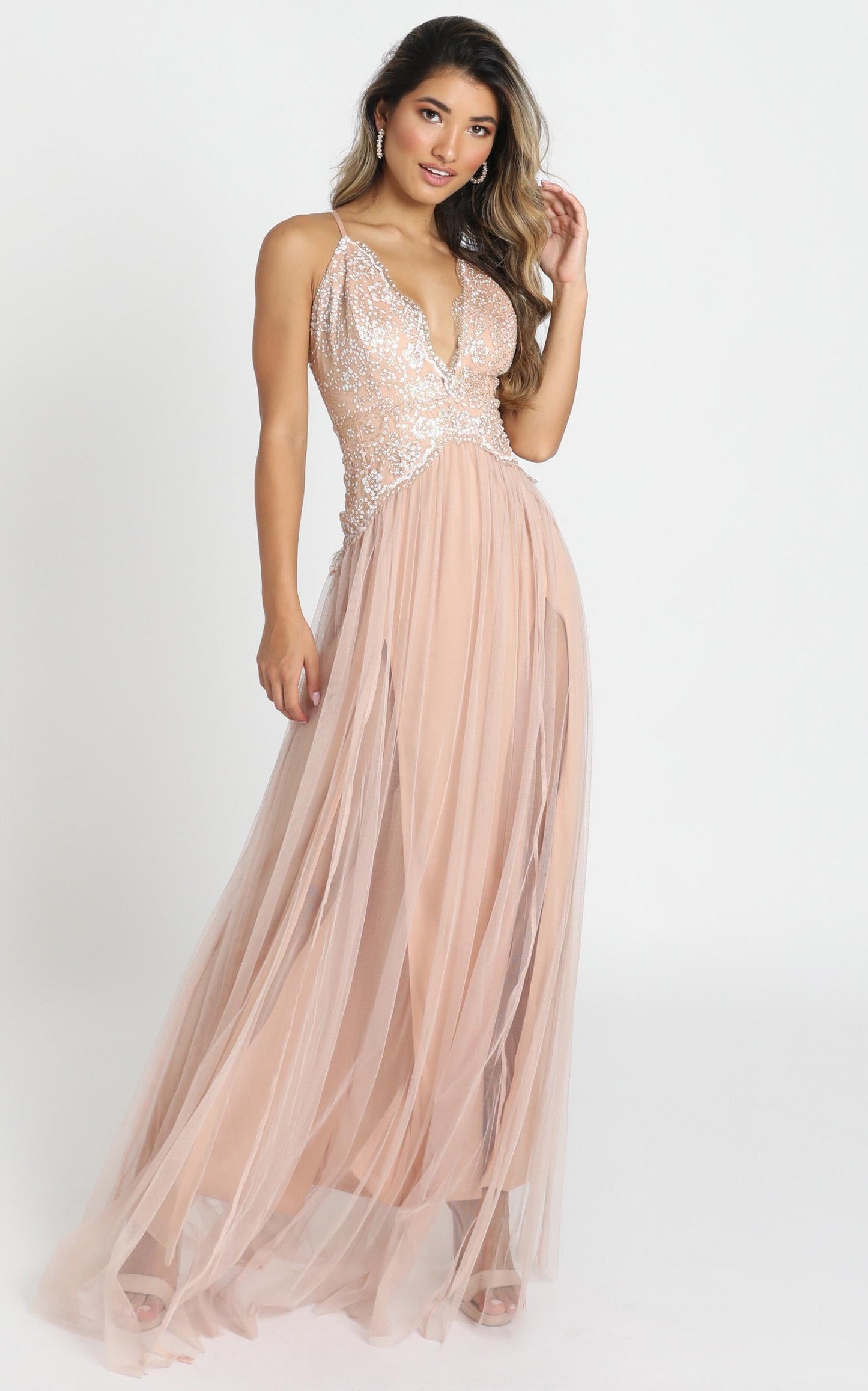 Show Me Love Mesh Maxi Dress In Rose Gold Glitter