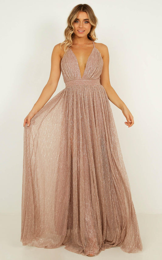 Simply Perfection Maxi Dress In Blush Lurex Mesh