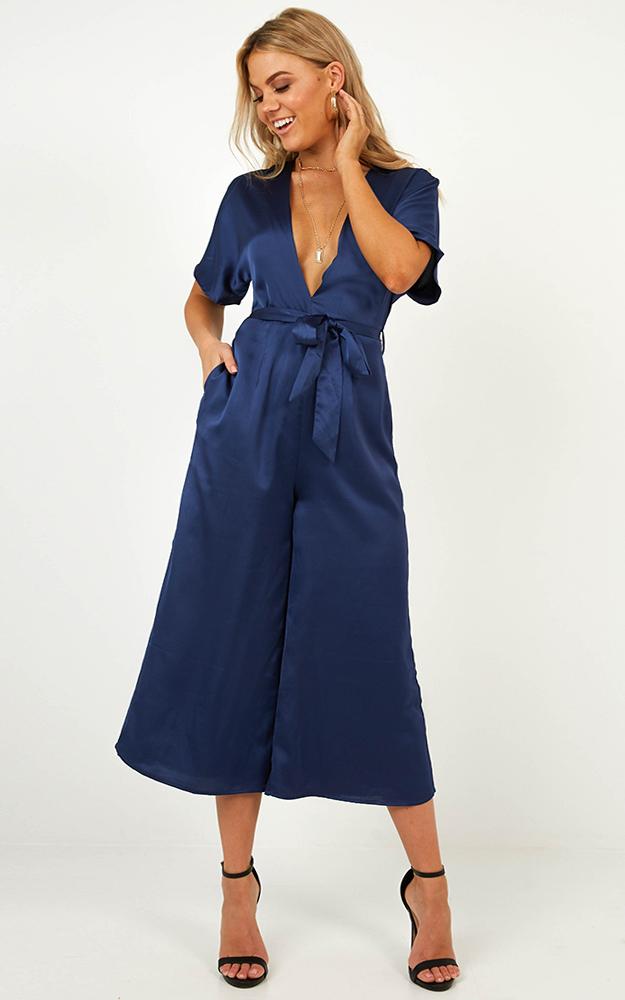 Starting The Night Jumpsuit In Navy Satin
