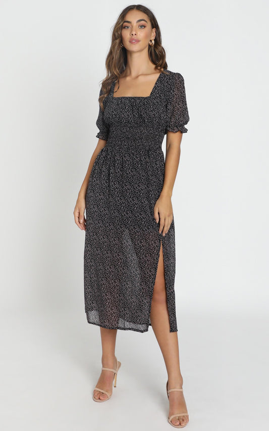 Stella Shirred Waist Midi Dress in Black Floral