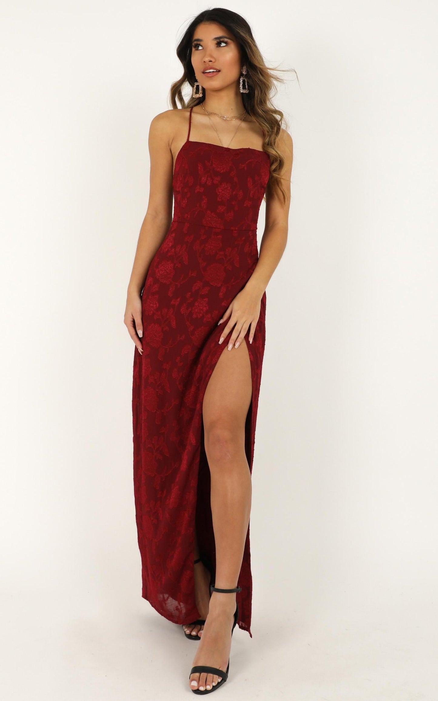 They Crisscrossed Maxi Dress In Wine Jacquard