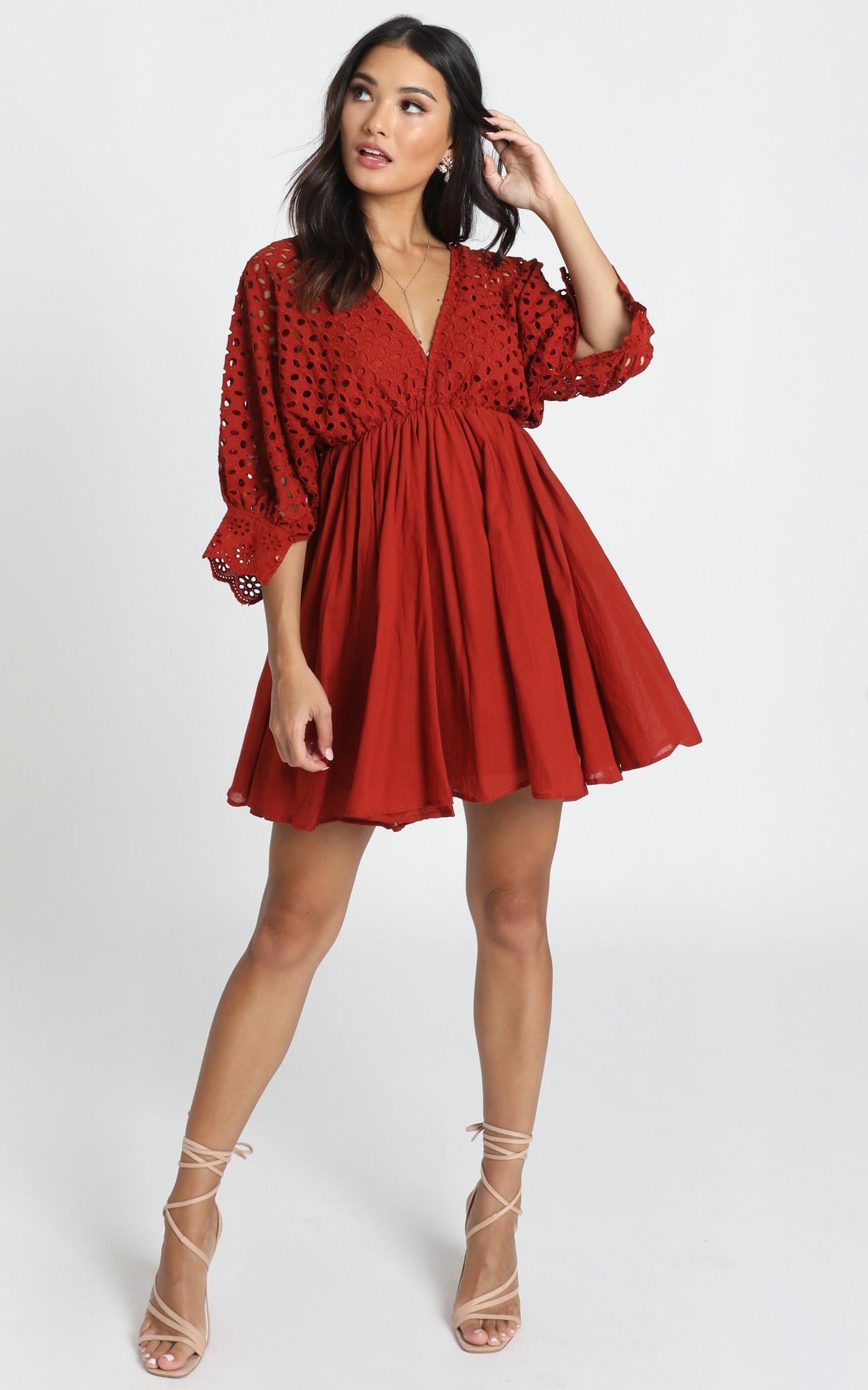 Jacinta V-Neck Embroided Mini Dress In Rust