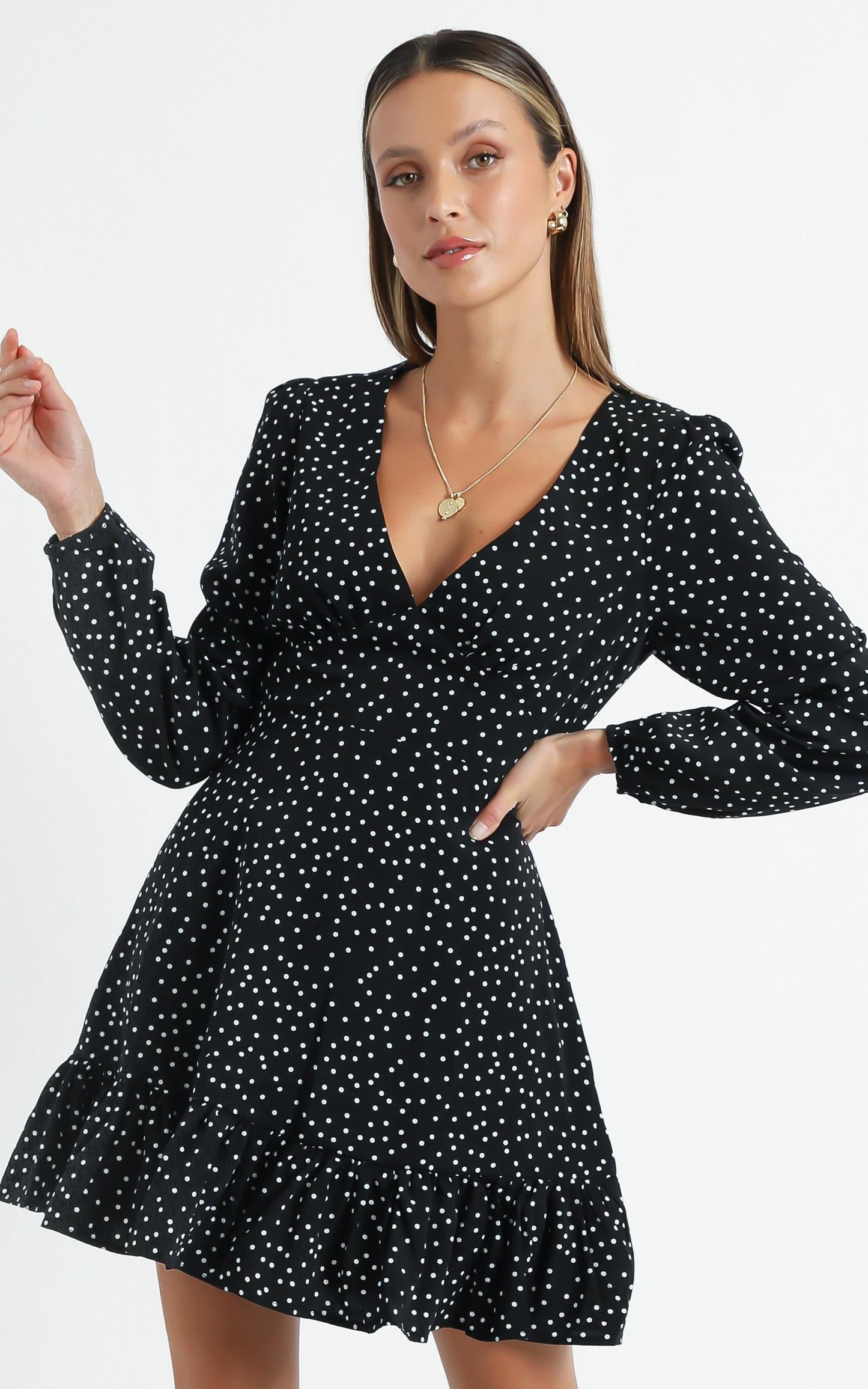 Worlds Away Dress In Black Polka