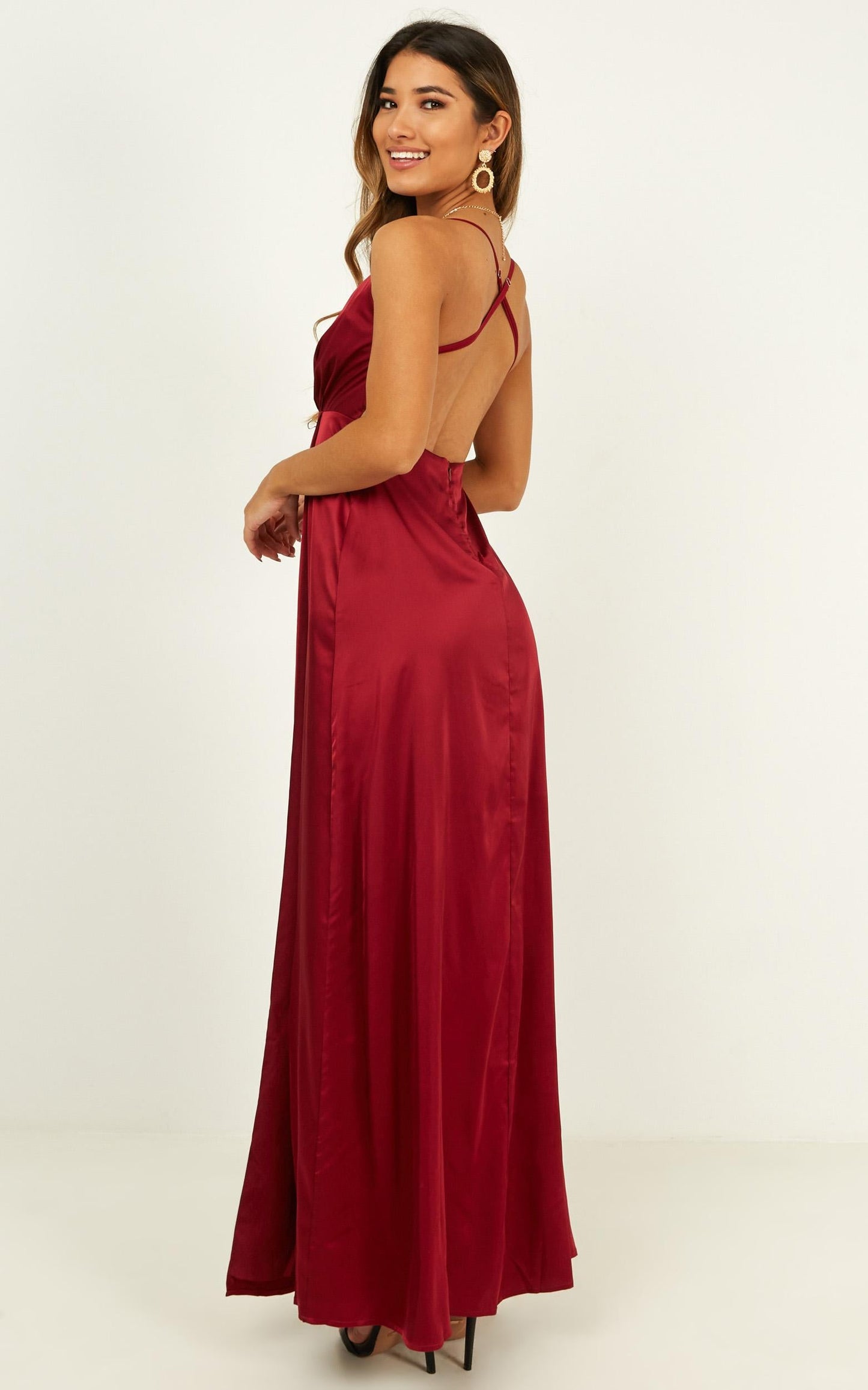 Wild Instinct Maxi Dress In Wine Satin