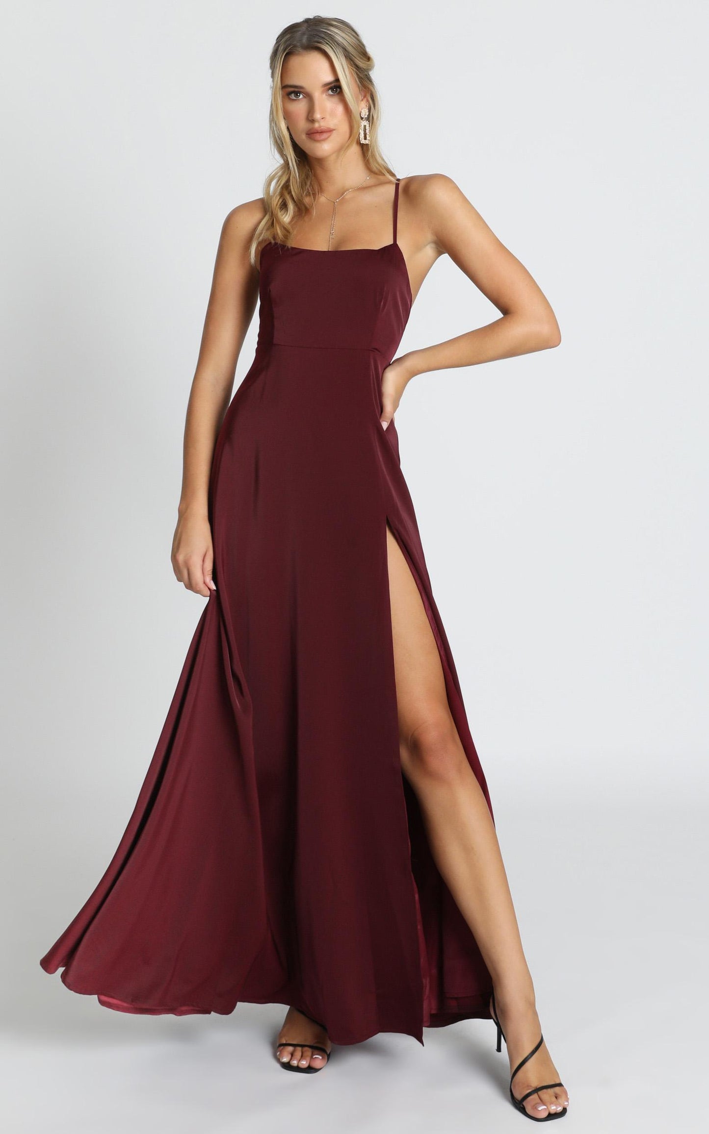 Will It Be Us Midi Dress - Thigh Split Cross Back Dress in Wine