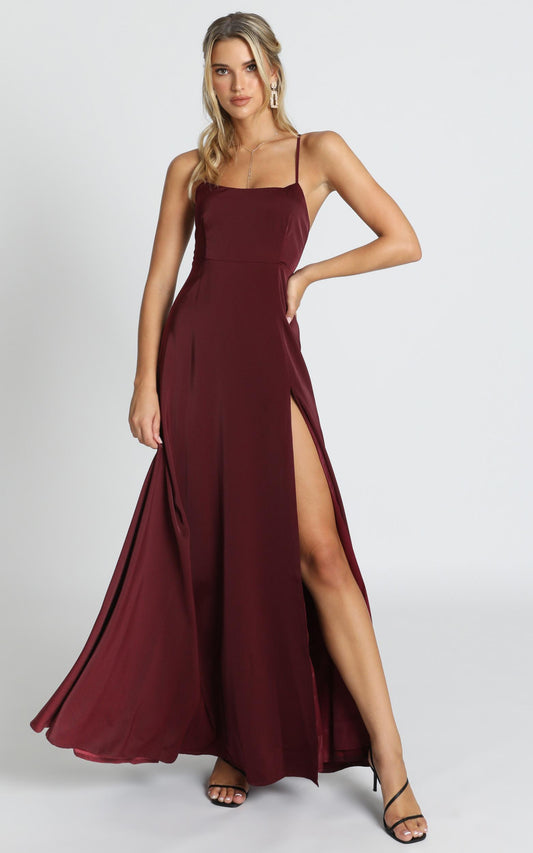 Will It Be Us Midi Dress - Thigh Split Cross Back Dress in Wine