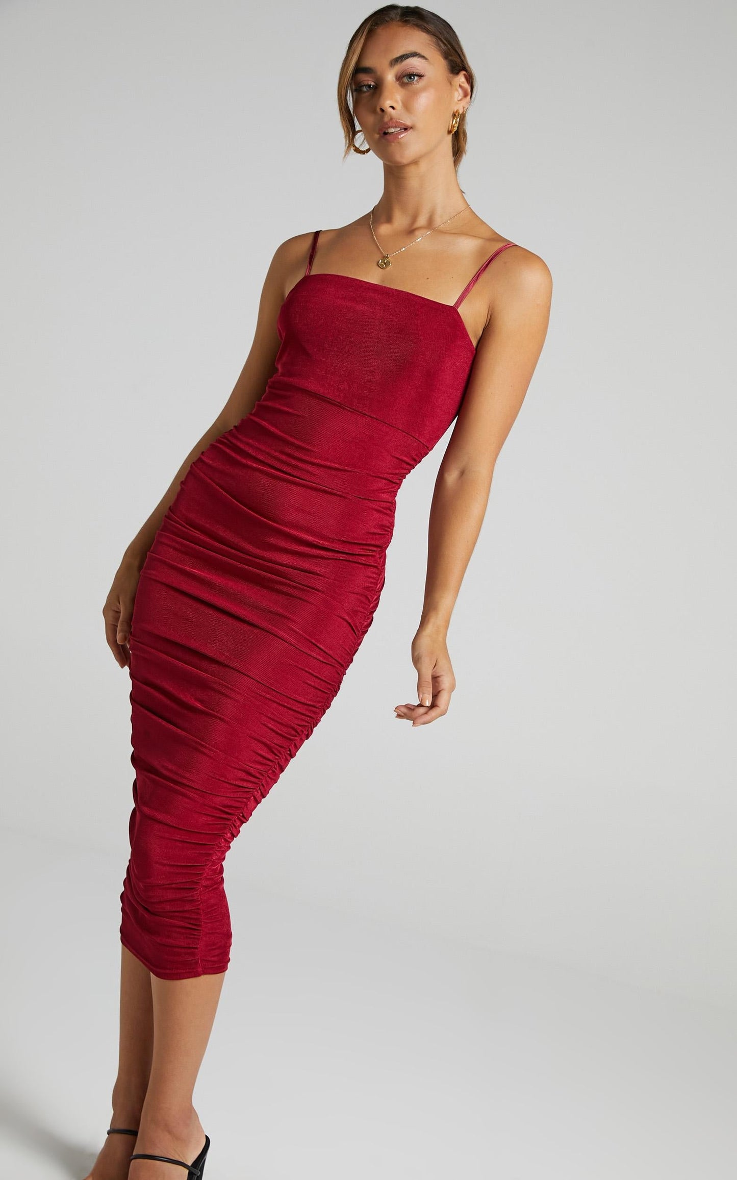 Commit To Me Midi Dress - Strappy Bodycon Dress in Wine