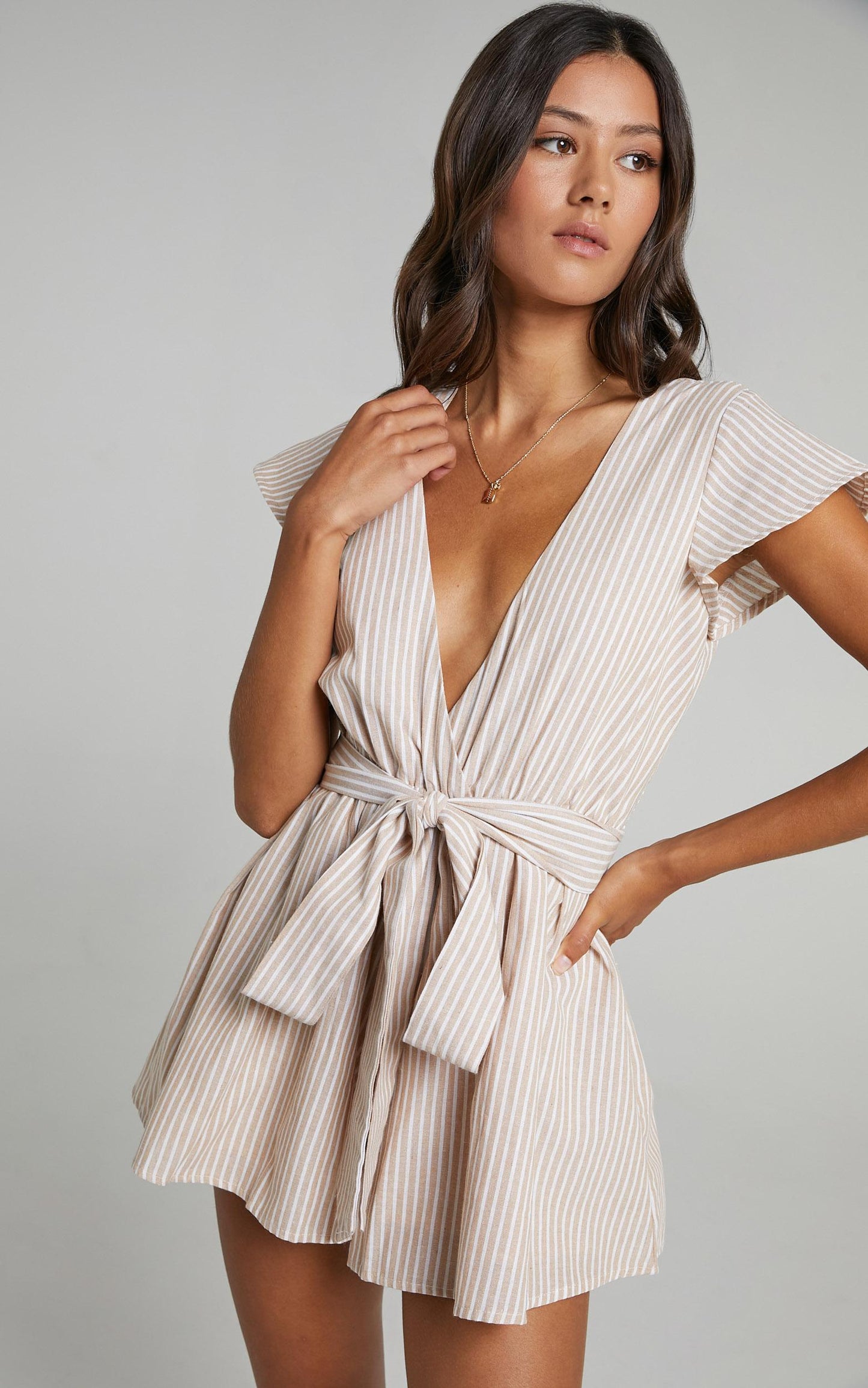 Top It Off Pluge Tie Front Playsuit in Beige Stripe