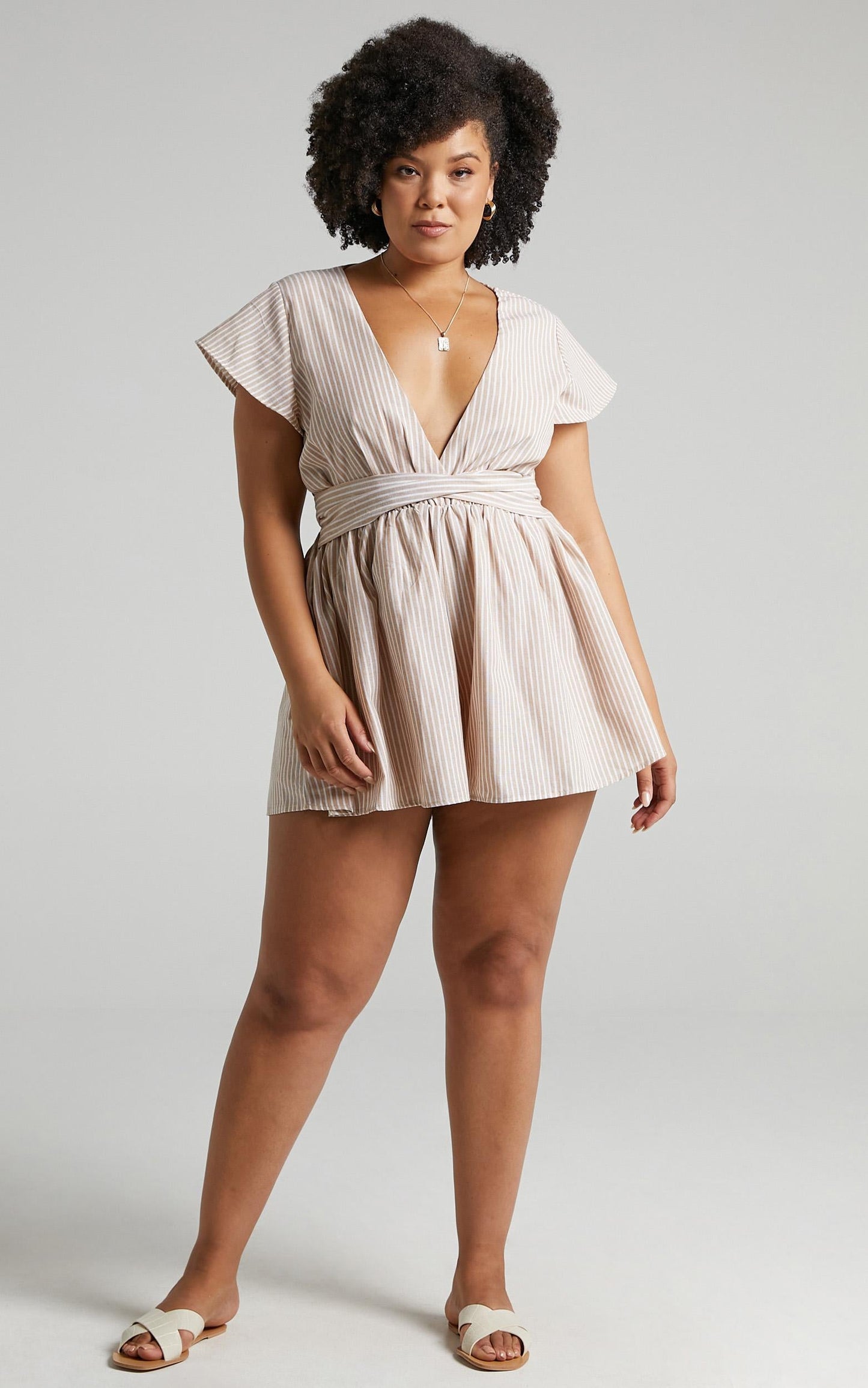 Top It Off Pluge Tie Front Playsuit in Beige Stripe