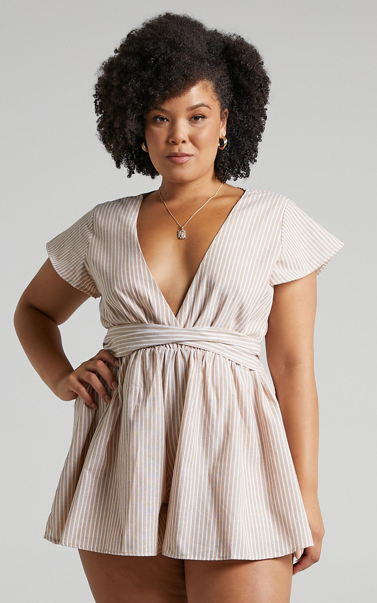 Top It Off Pluge Tie Front Playsuit in Beige Stripe