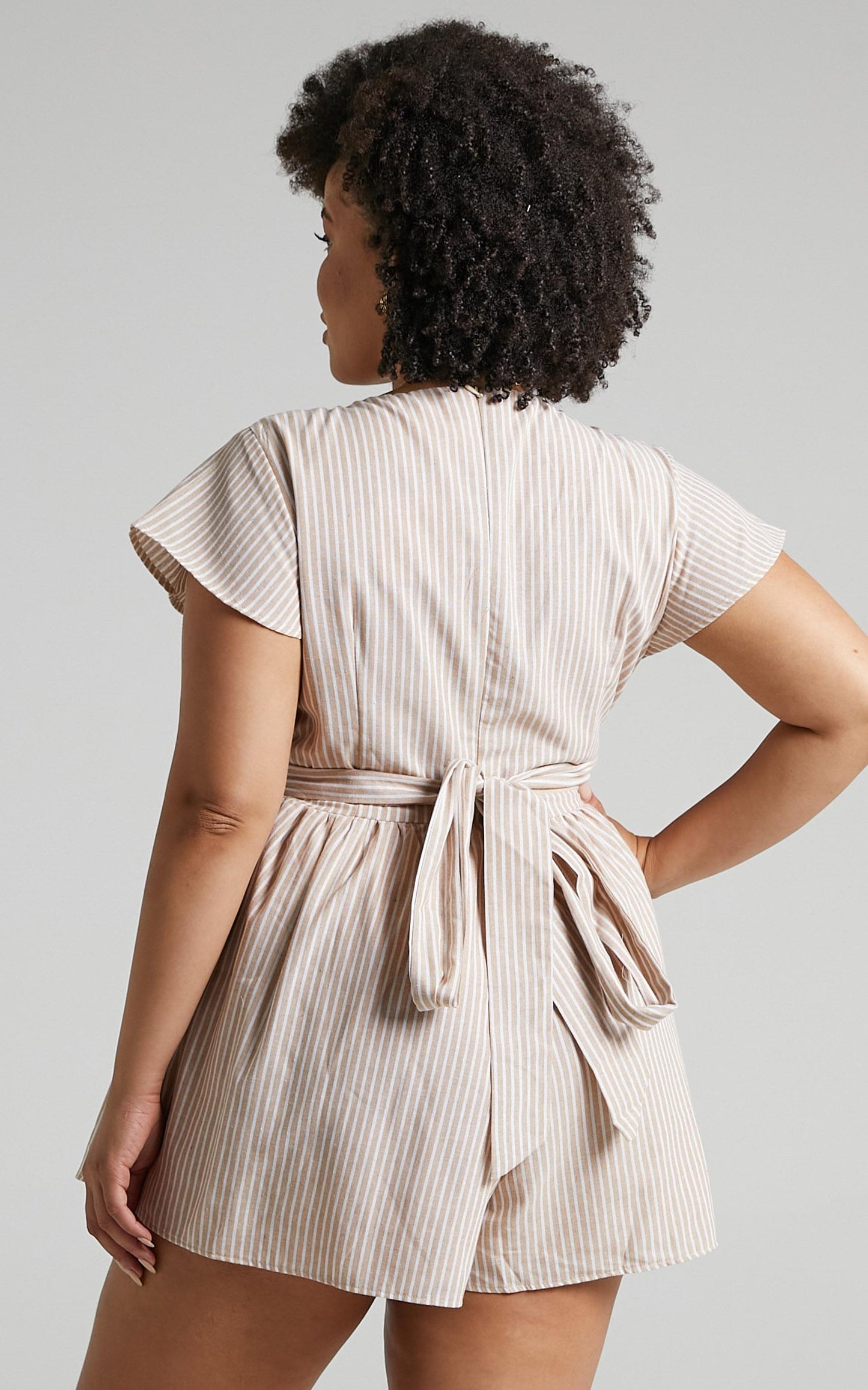 Top It Off Pluge Tie Front Playsuit in Beige Stripe