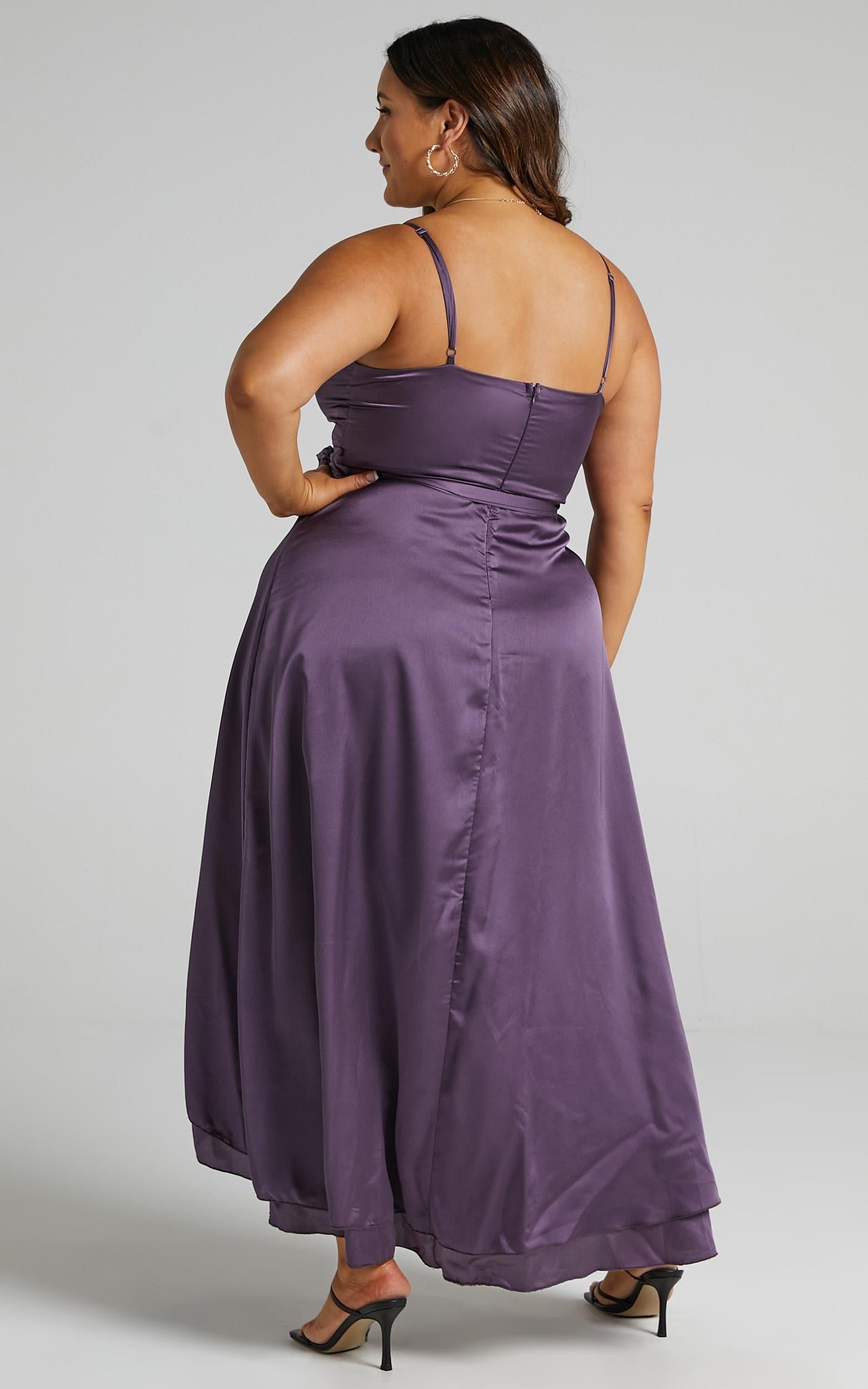Treasuring You Wrap Midi Dress in Aubergine Satin