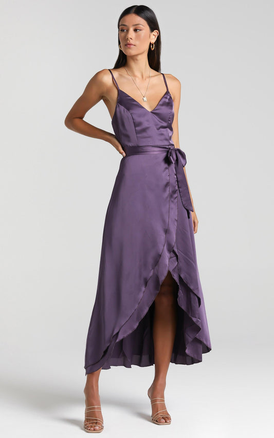 Treasuring You Wrap Midi Dress in Aubergine Satin