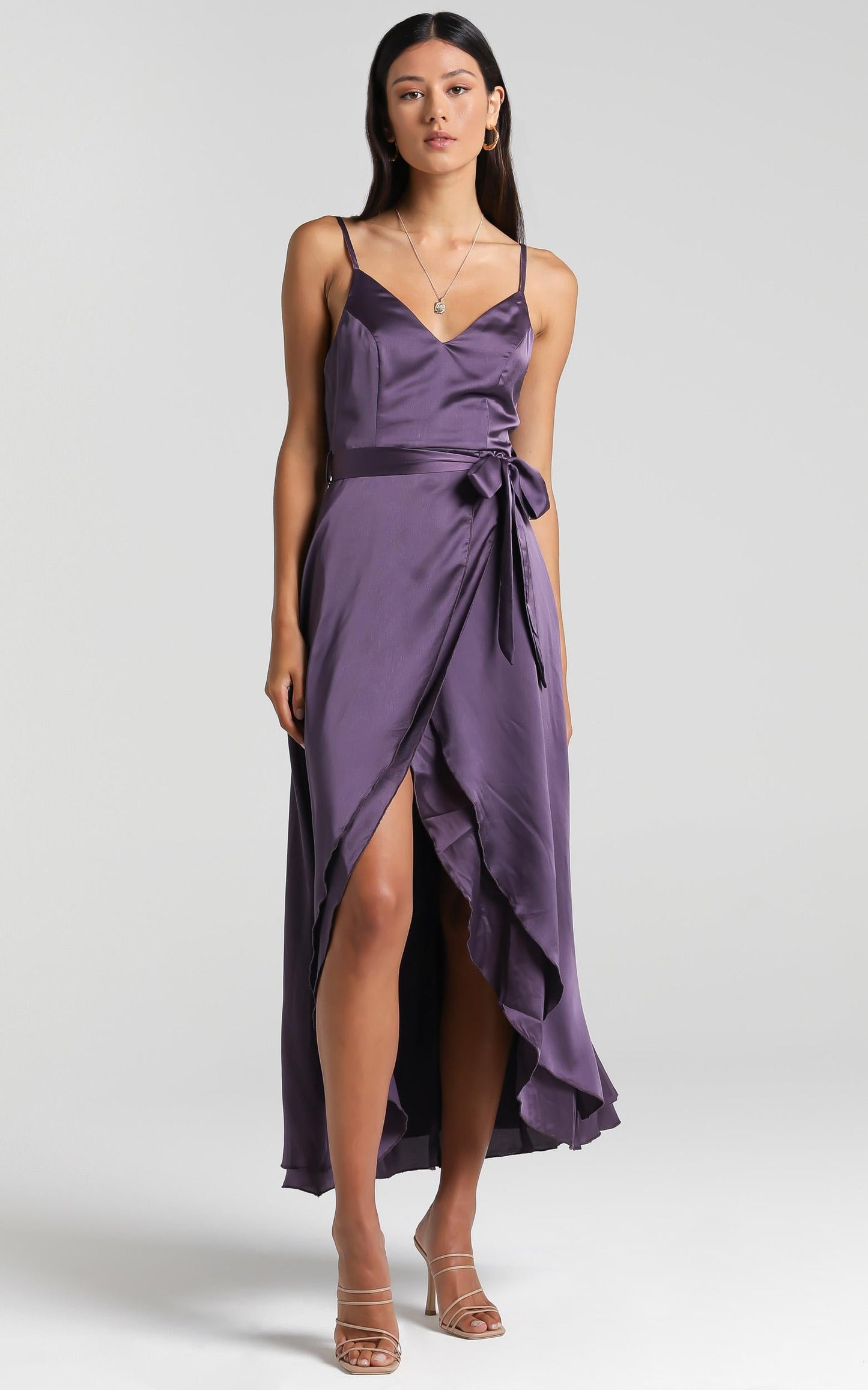 Treasuring You Wrap Midi Dress in Aubergine Satin