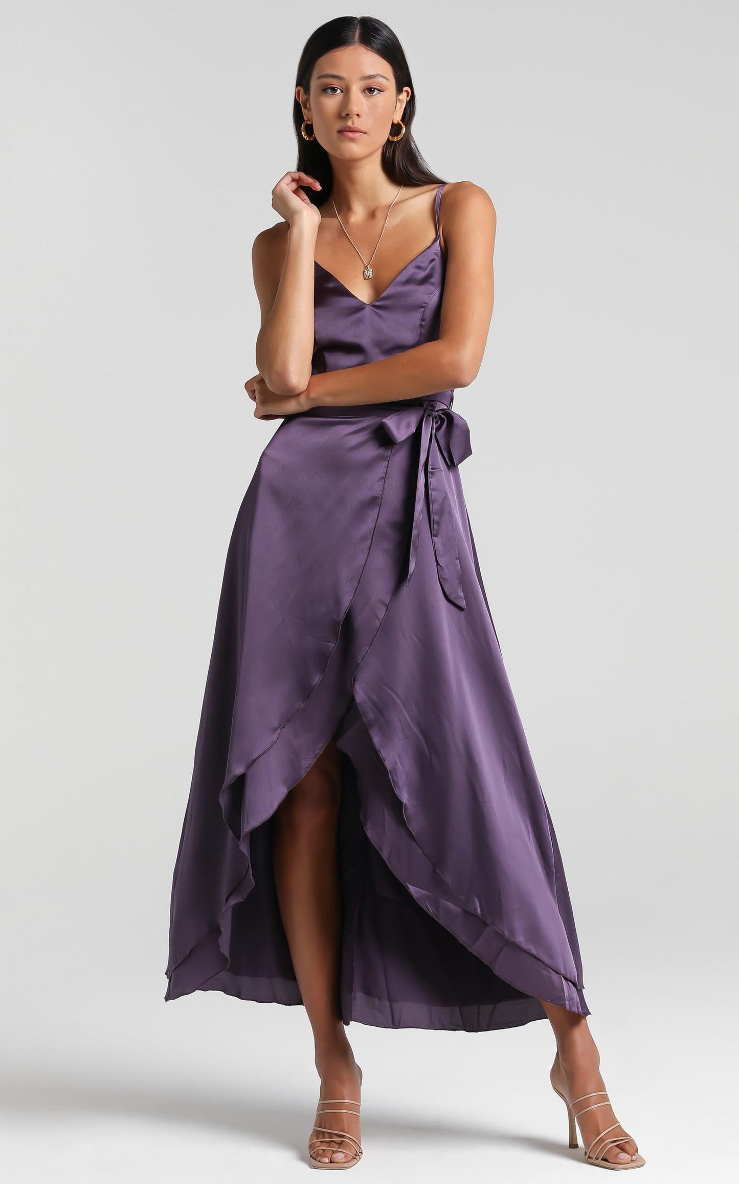 Treasuring You Wrap Midi Dress in Aubergine Satin