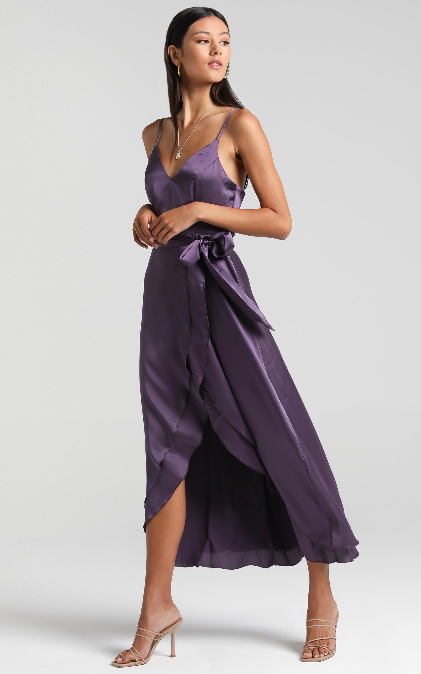 Treasuring You Wrap Midi Dress in Aubergine Satin