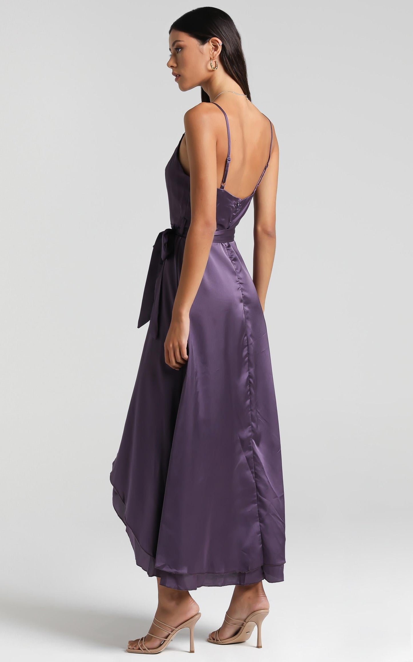 Treasuring You Wrap Midi Dress in Aubergine Satin
