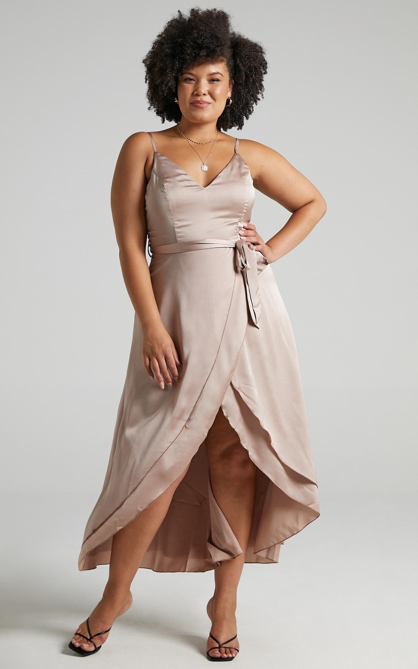 Treasuring You Wrap Midi Dress in Mocha Satin