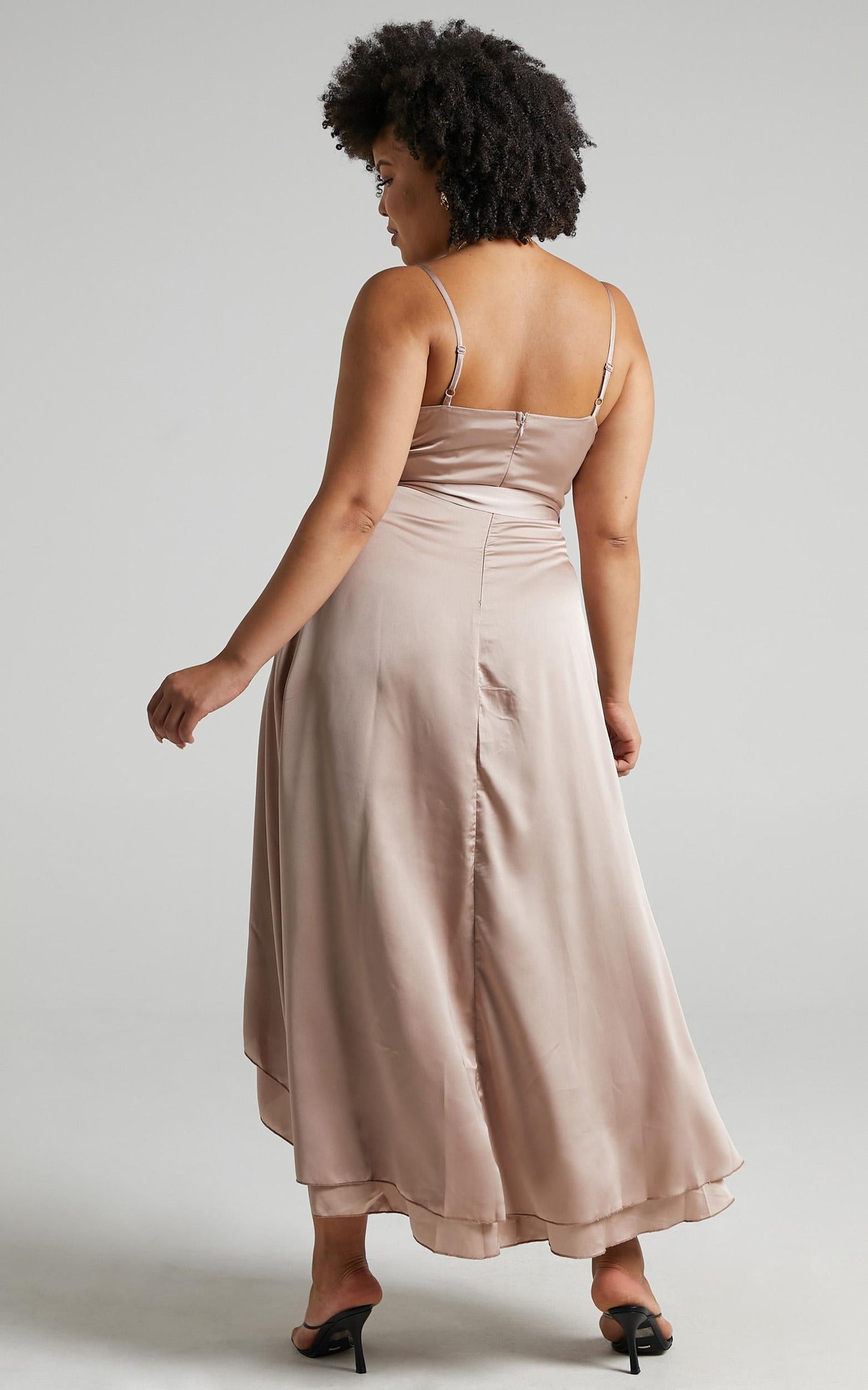 Treasuring You Wrap Midi Dress in Mocha Satin