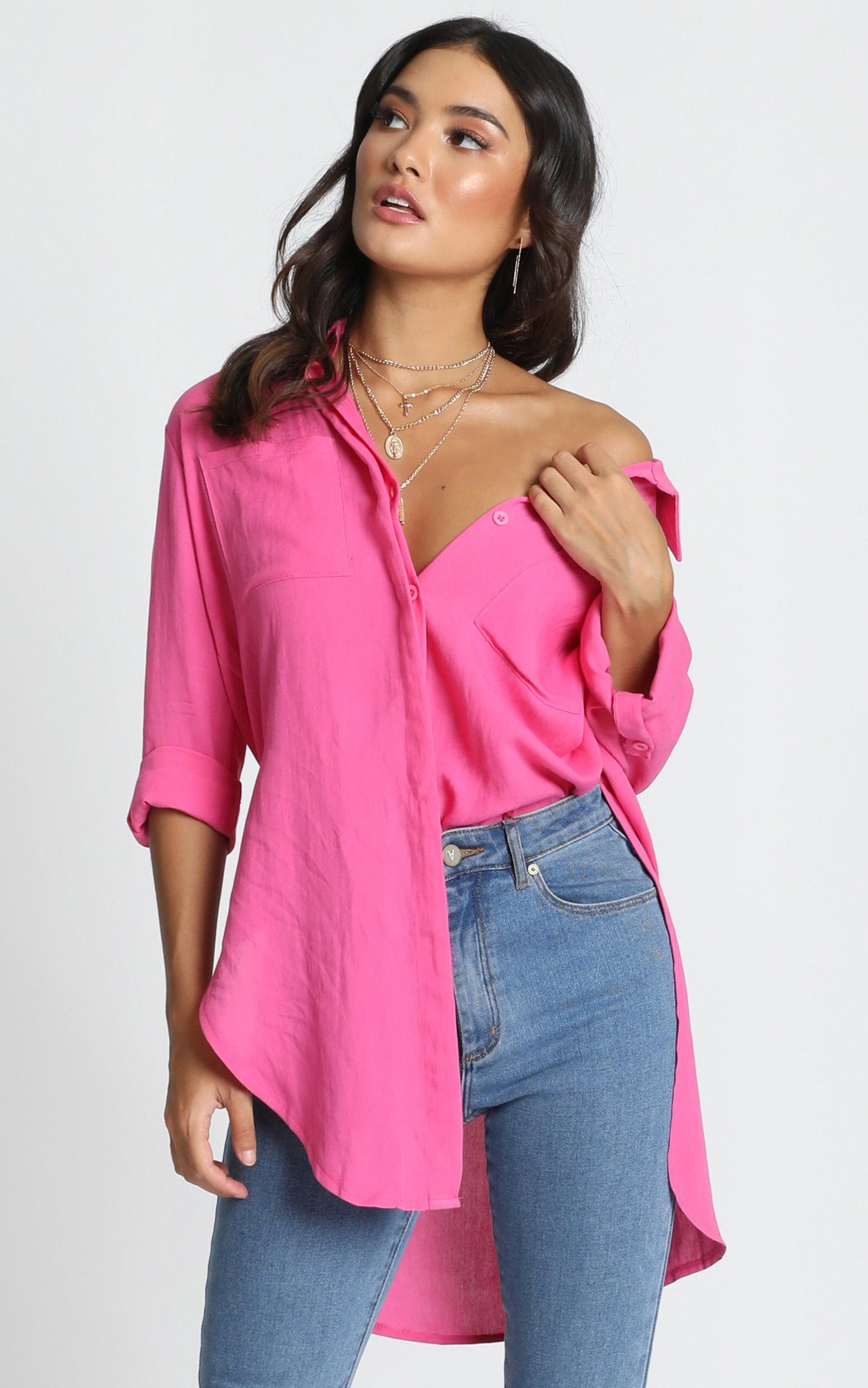 Trish Button Up Shirt In Hot Pink
