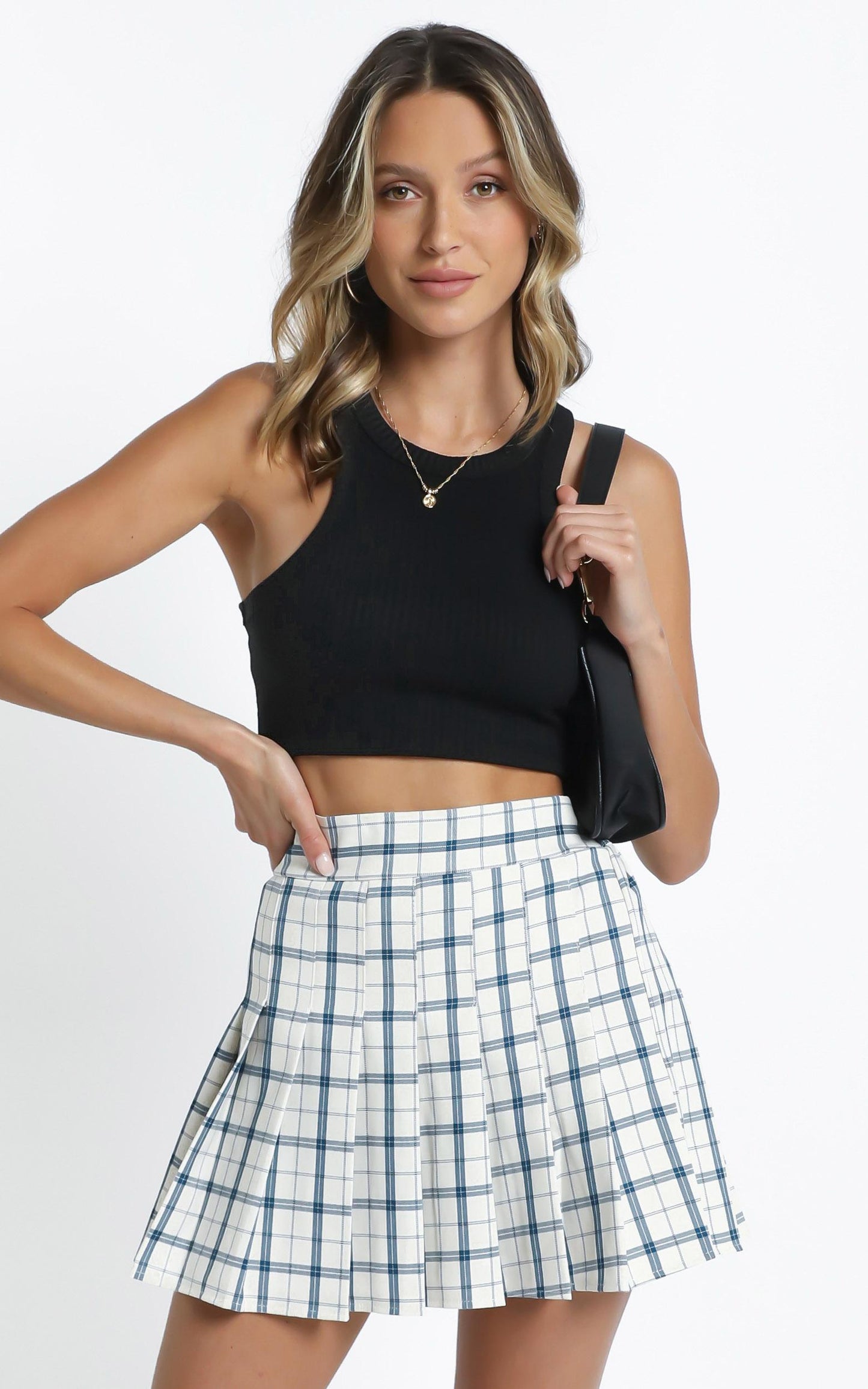 Tucker Pleated Skirt in Cream Check