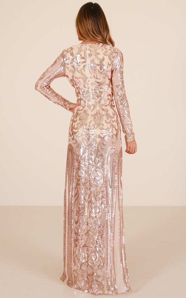 The Best Option Maxi Dress In Rose Gold Sequin