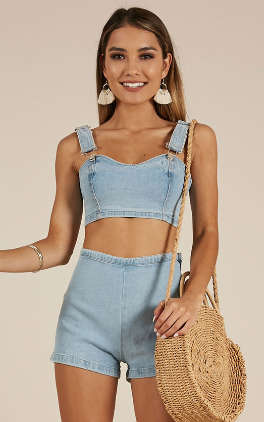 Livin It Up Denim Two Piece Set In Light Wash