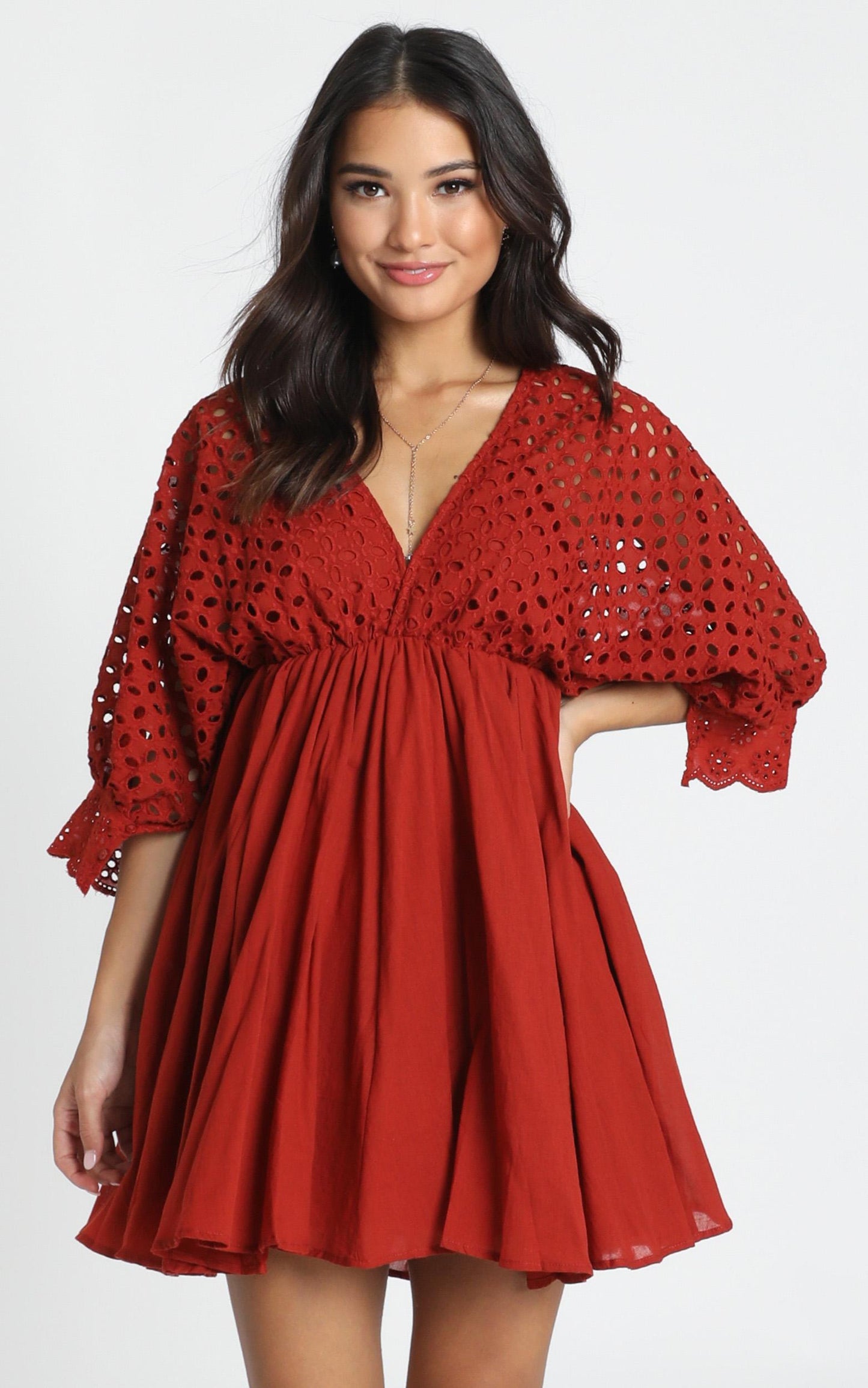 Jacinta V-Neck Embroided Mini Dress In Rust