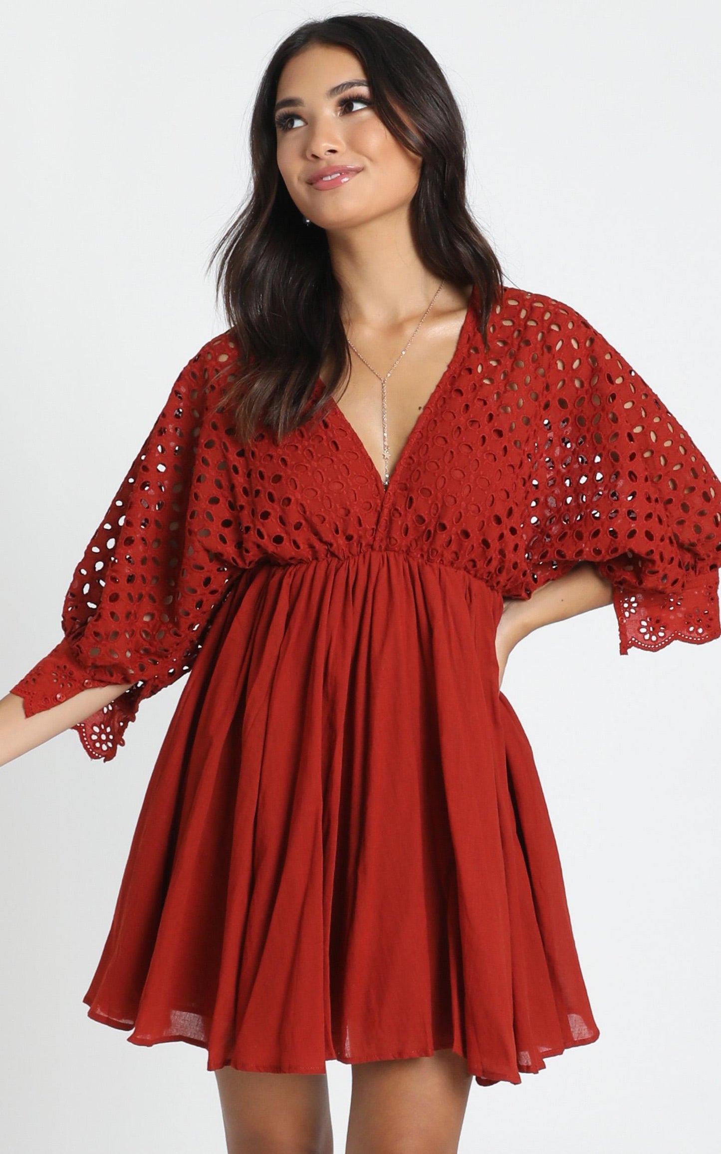 Jacinta V-Neck Embroided Mini Dress In Rust