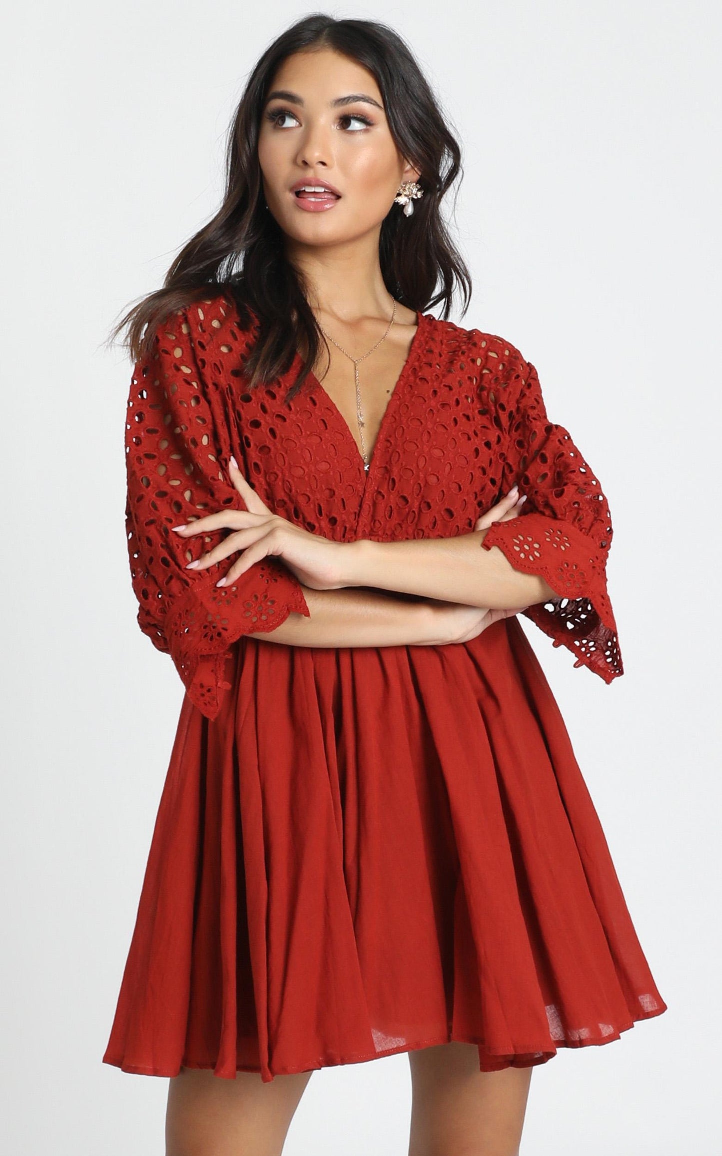 Jacinta V-Neck Embroided Mini Dress In Rust