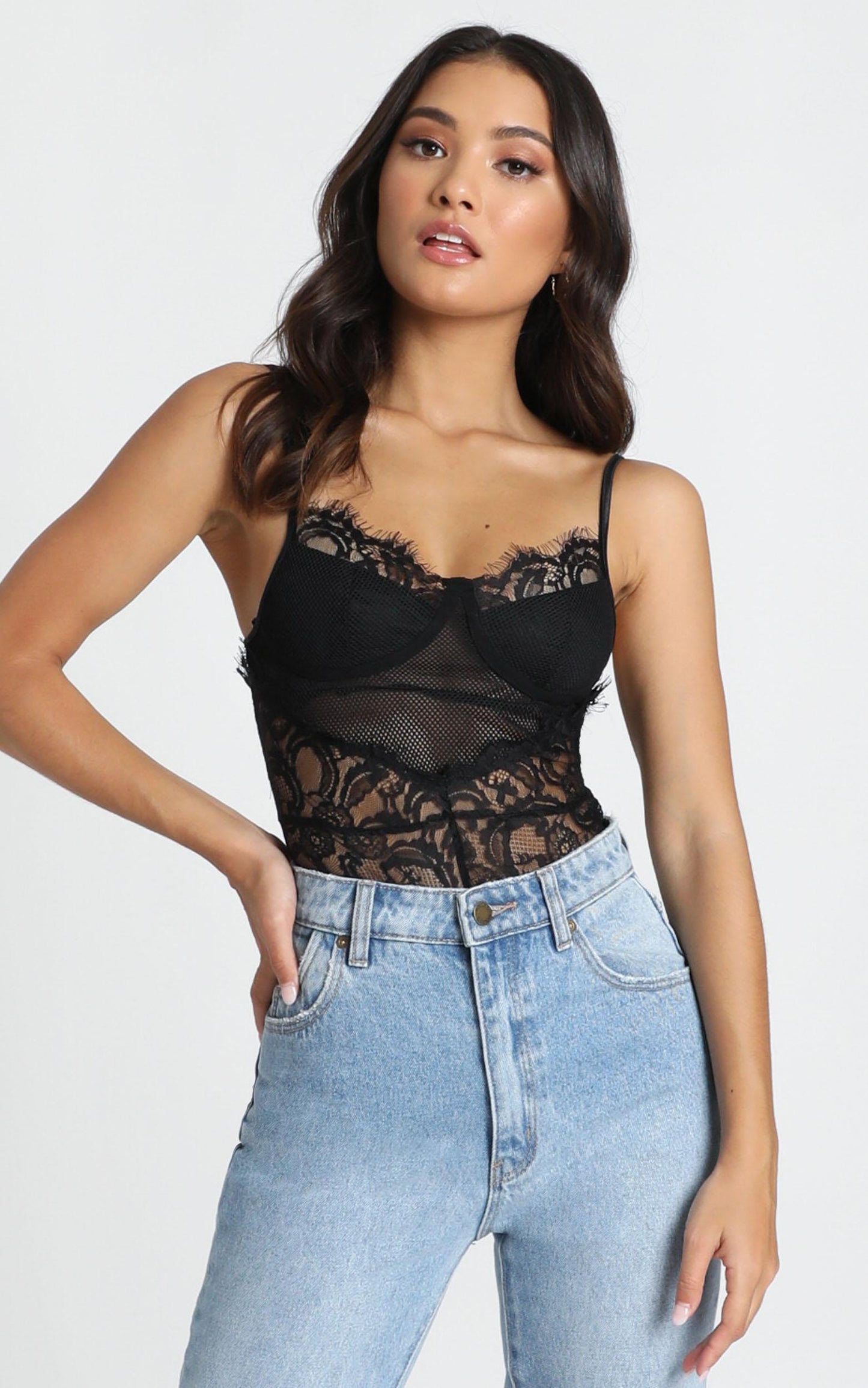 Voicemail Bodysuit In Black Lace