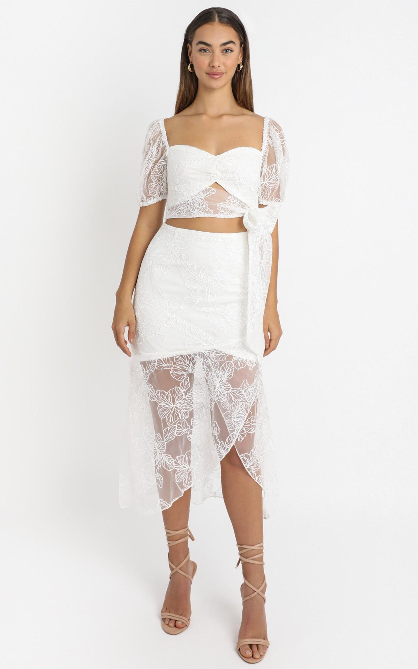 Kamilla Tie Front Midi Dress in White Embroidery