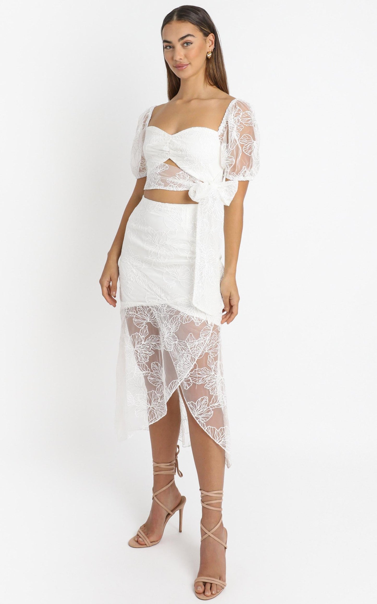 Kamilla Tie Front Midi Dress in White Embroidery
